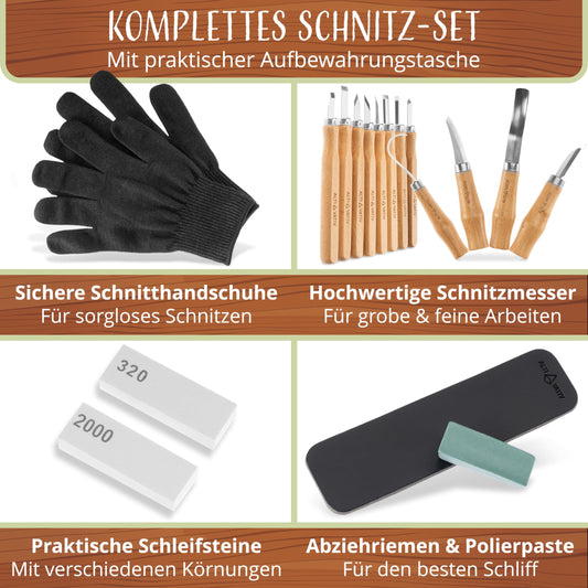 ALTERNATIVE - Wood Carving Tool - 18-piece Kids Carving Set - INCLUDING VIDEO COURSE - Wood Carving Tool Set with Gloves, Sanding Set & Storage Bag.