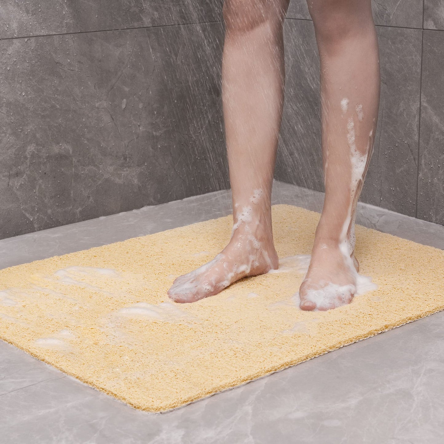 HITSLAM Non-Slip Shower Mat, 80x60cm Non-Slip Bathtub Mat with Drainage, Soft PVC Loofah Anti-Slip Mat for Bathtub, Quick-Drying Bath Mat, Beige