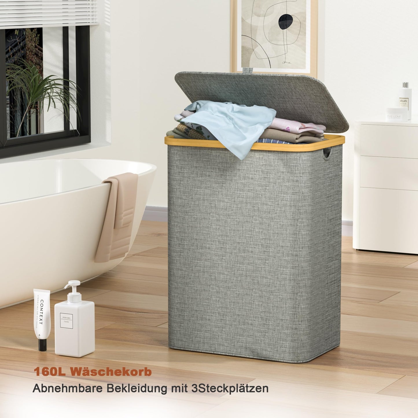 AdelDream 160L laundry basket with lid 3 compartments laundry hamper narrow laundry sorter laundry box laundry bin with lid laundry chest laundry baskets 160L Gray