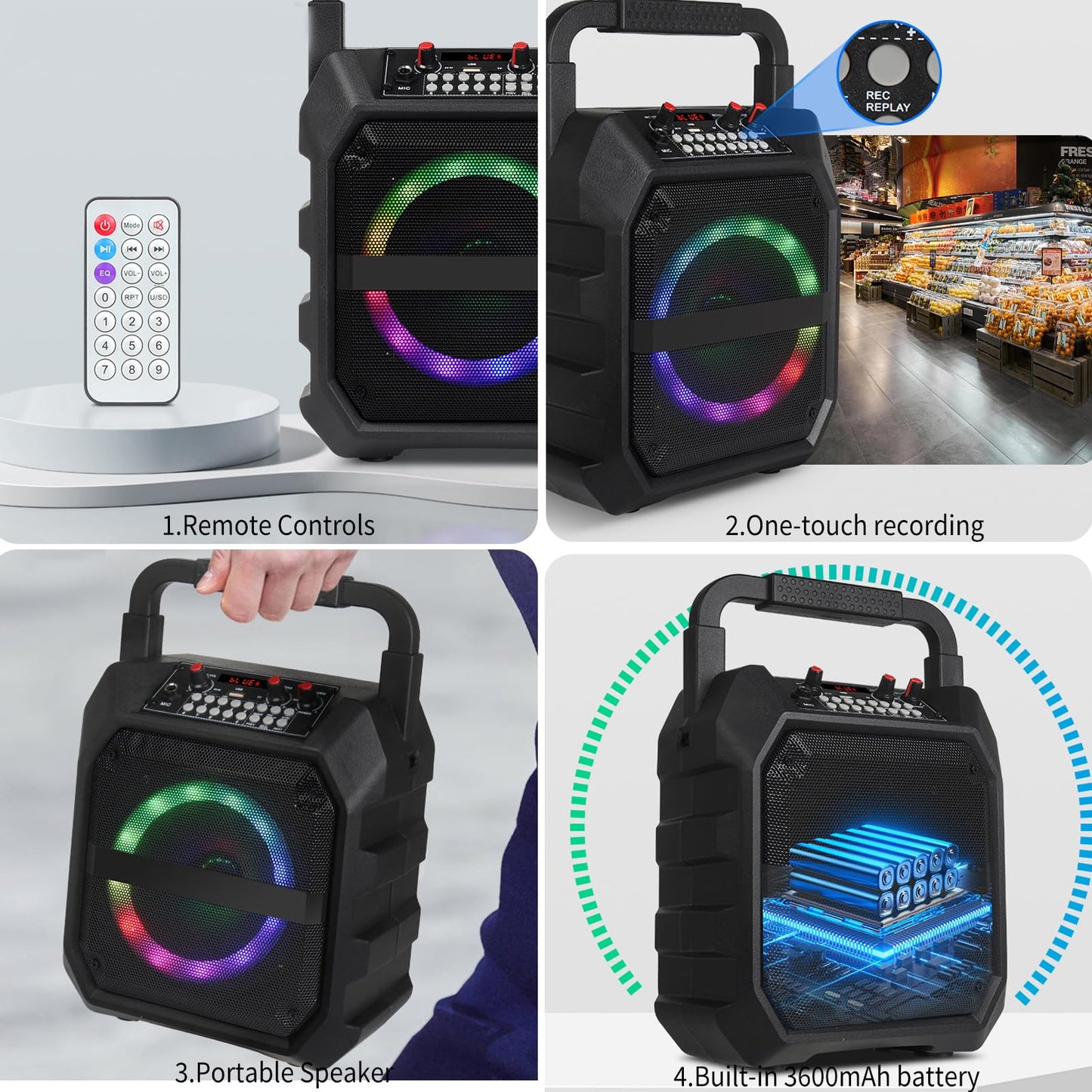 Portable karaoke machine with 2 wireless microphones, portable Bluetooth speaker with RGB lights, PA system for adults and kids, supports TF/USB, FM, Rec, AUX in.