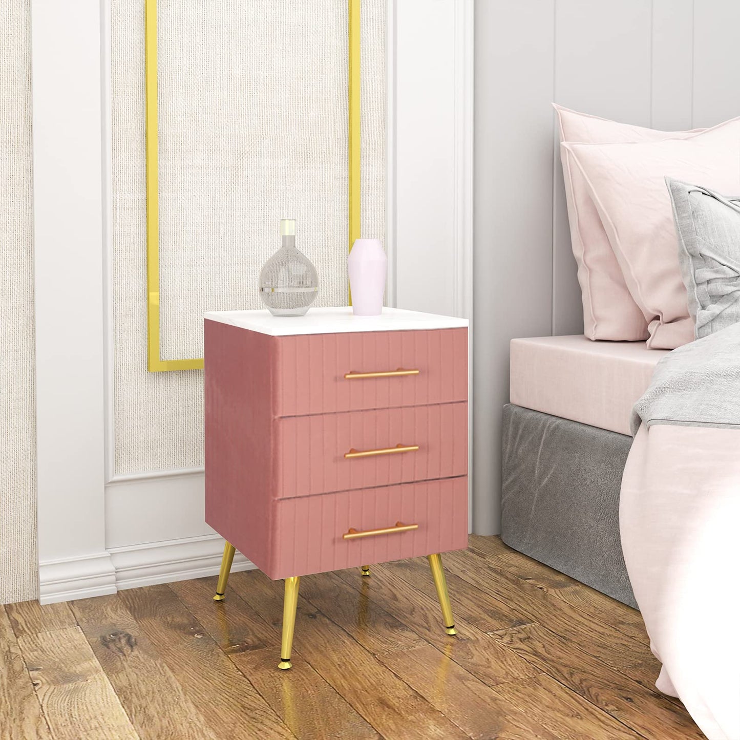 WOLTU 2 pack nightstand bedside table for box spring bed, chest of drawers made of solid wood, easy assembly, stable, 40.5x41x62cm, Pink TS135rs
