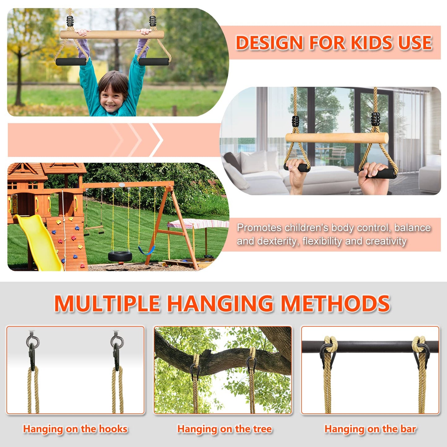 Lyndwin Trapeze Swing, Kids Wooden Multifunction Adjustable Swing with Soft Sponge Handle Indoor Outdoor Children's Trapeze Swing up to 100 kg (42cm)
