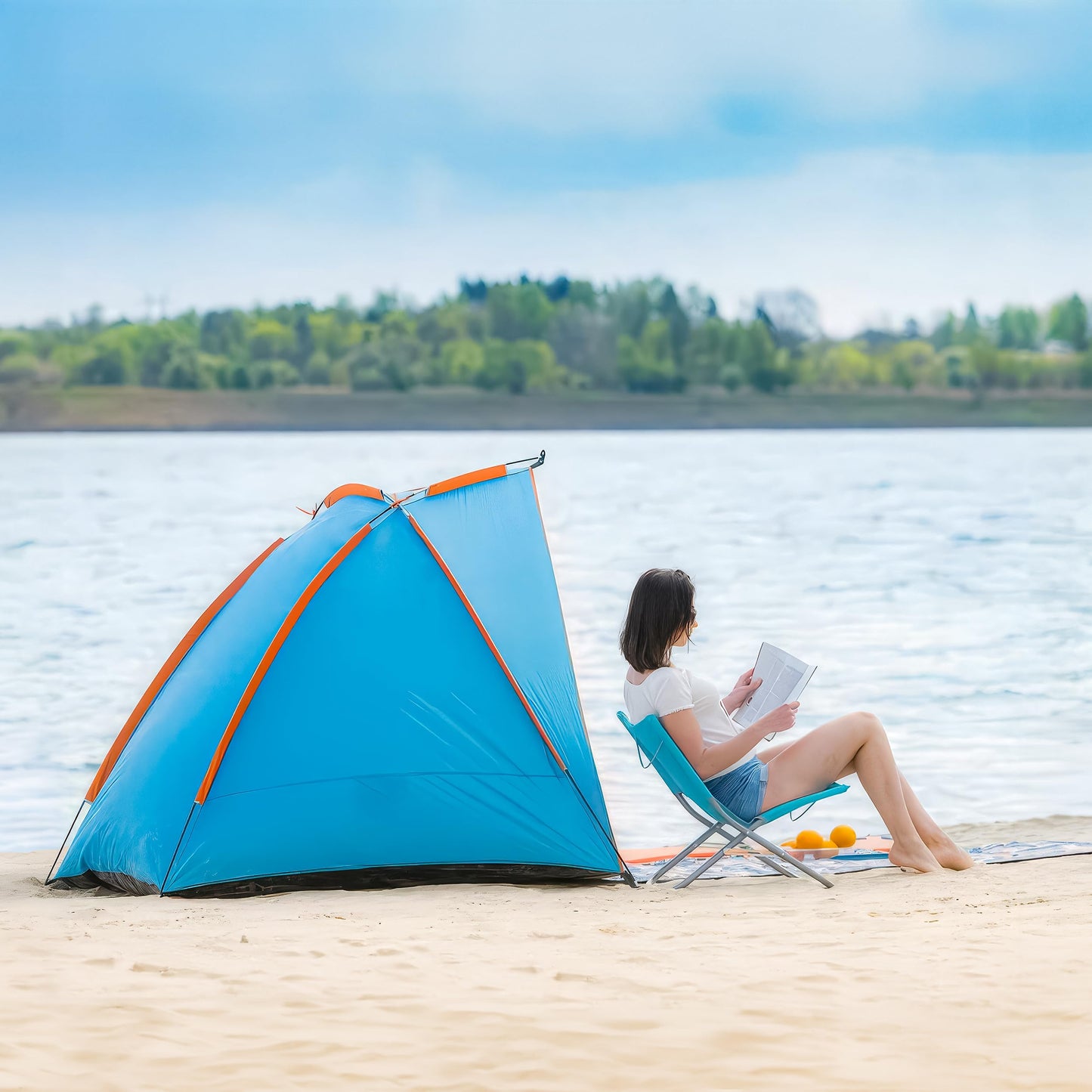 Blumixx pop-up beach tent for 2-3 people - wind protection & sun protection beach tent, compact foldable, lightweight travel beach tent, baby beach tent, UV protection, 220x120x120 cm, turquoise.