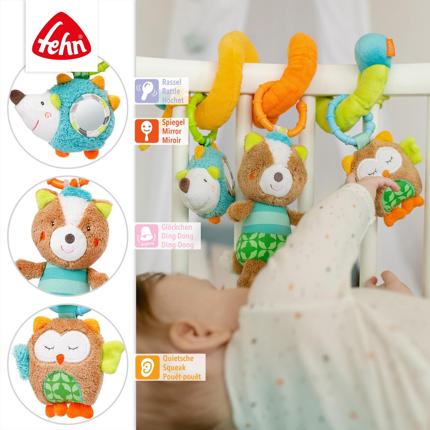 Fehn 071153 Activity Spiral Sleeping Forest - Fabric spiral for grasping and feeling for cribs, strollers, playpens - Suitable for babies and toddlers from 0+ months - Dimensions: 30cm long