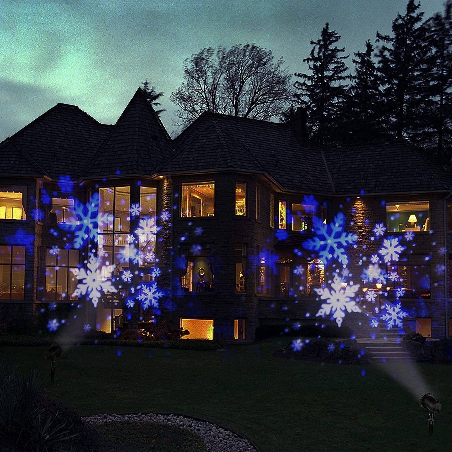 Eambrite Snowflake Projector Light LED White/Blue Rotating Snowfall Landscape Projection Decorative Christmas Lighting with Timer for Birthday Wedding Theme Party Garden Home