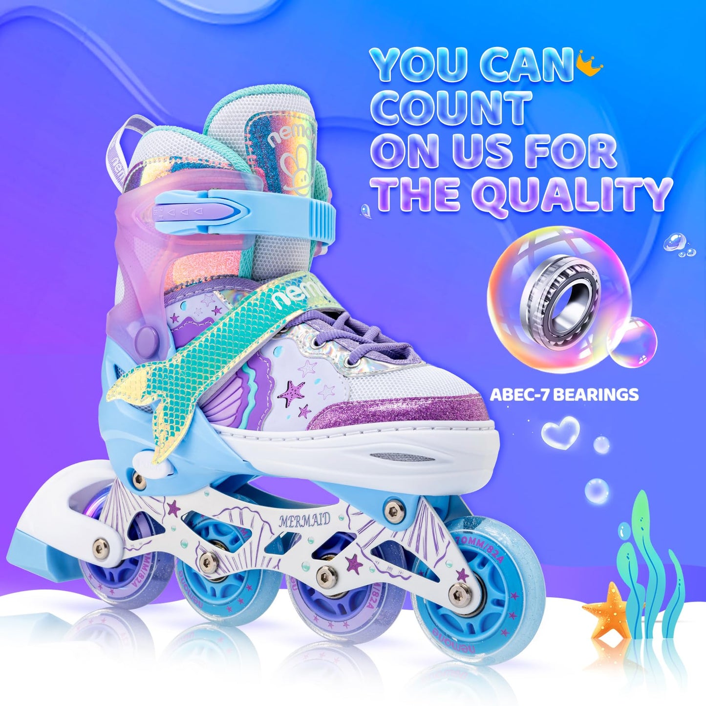 NEMONE Inline Skates for Girls Children 4 Sizes Adjustable Blue Violet Inline skates for Kids Inside Outside Girls Children
