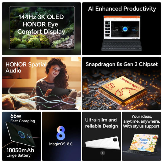 HONOR MagicPad2 Tablet 12GB+256GB, 12.3 inch 144Hz OLED display, Snapdragon 8s Gen 3, 10050mAh battery, 8 speakers, Android 14 tablet WiFi version, Google services, black.
