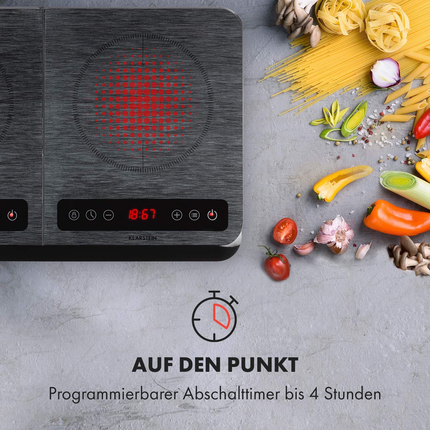 Klarstein InnoChef - Double induction hob, portable hob, 3400 W, touch control, pot sensor, shutdown timer, 10 levels, overheating protection, child lock, ceramic glass, black/grey mottled