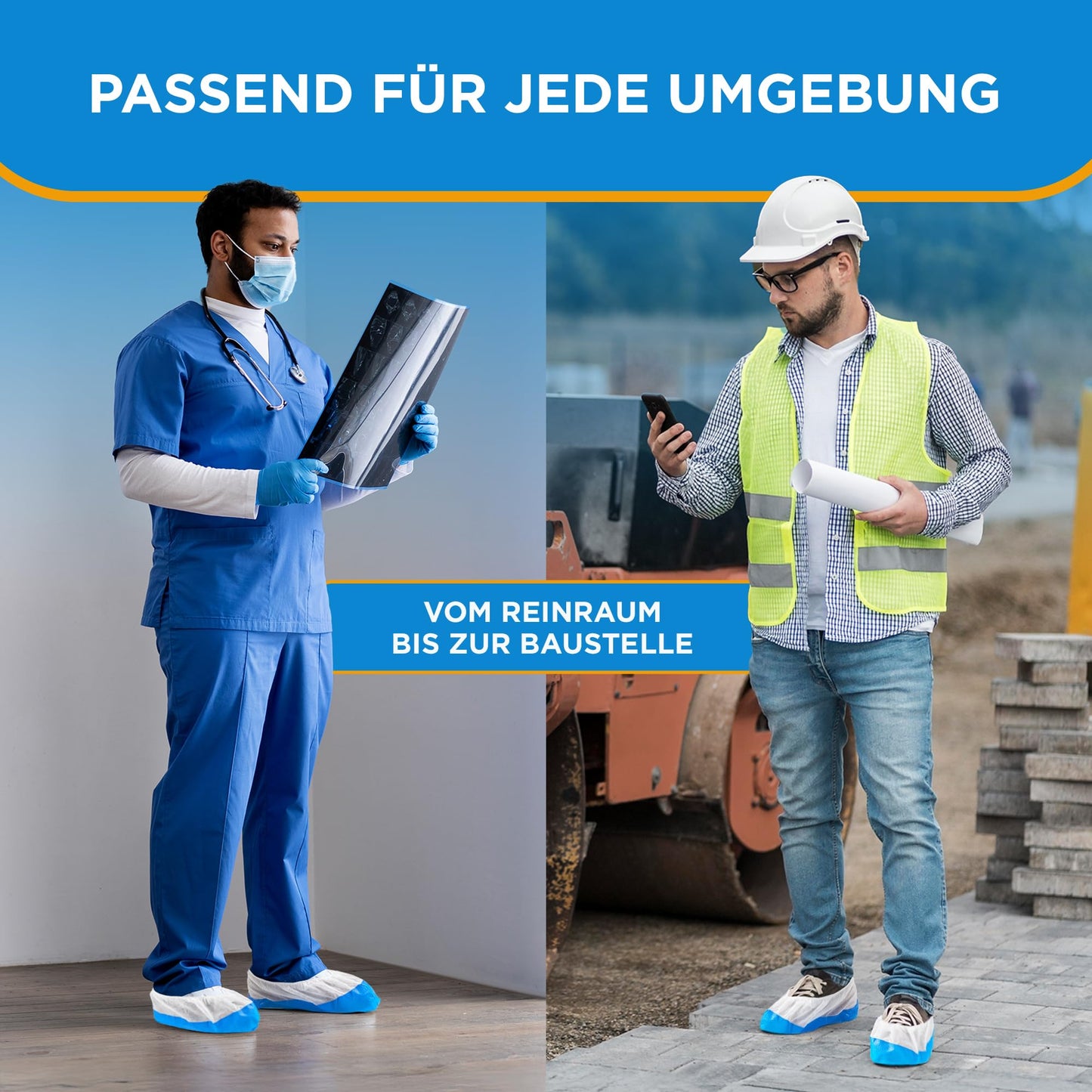 ISC Hygiene & Safety 150x waterproof blue-white shoe covers from Overshoes Reinforced Extra Strong >9g - non-slip shoe covers - one size fits all, disposable reusable galoshes