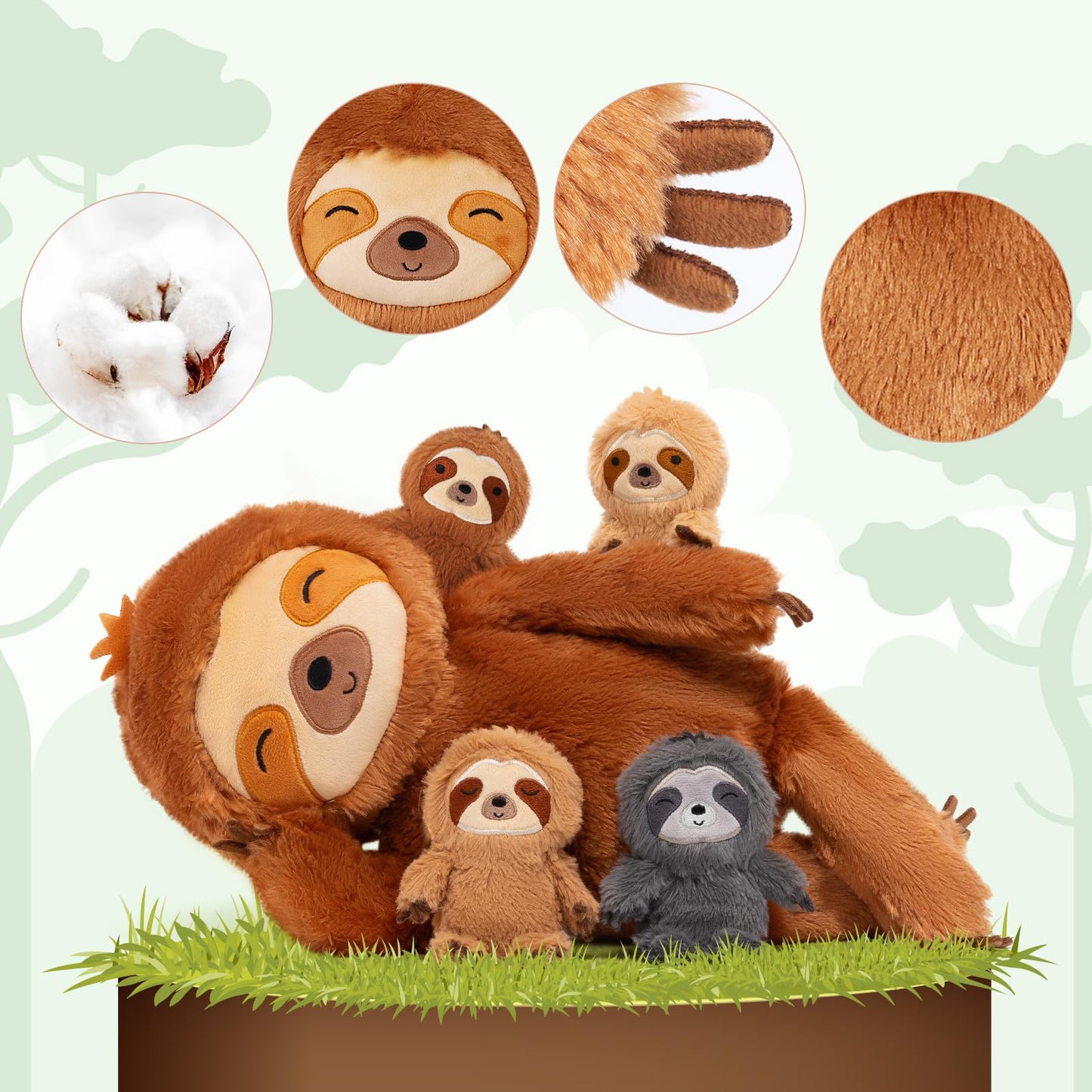 OUOZZZ 5 piece sloth plush toy set, 48cm soft sloth stuffed animal with 4 baby sloth plushies in the belly - baby birthday gift for girls boys kids