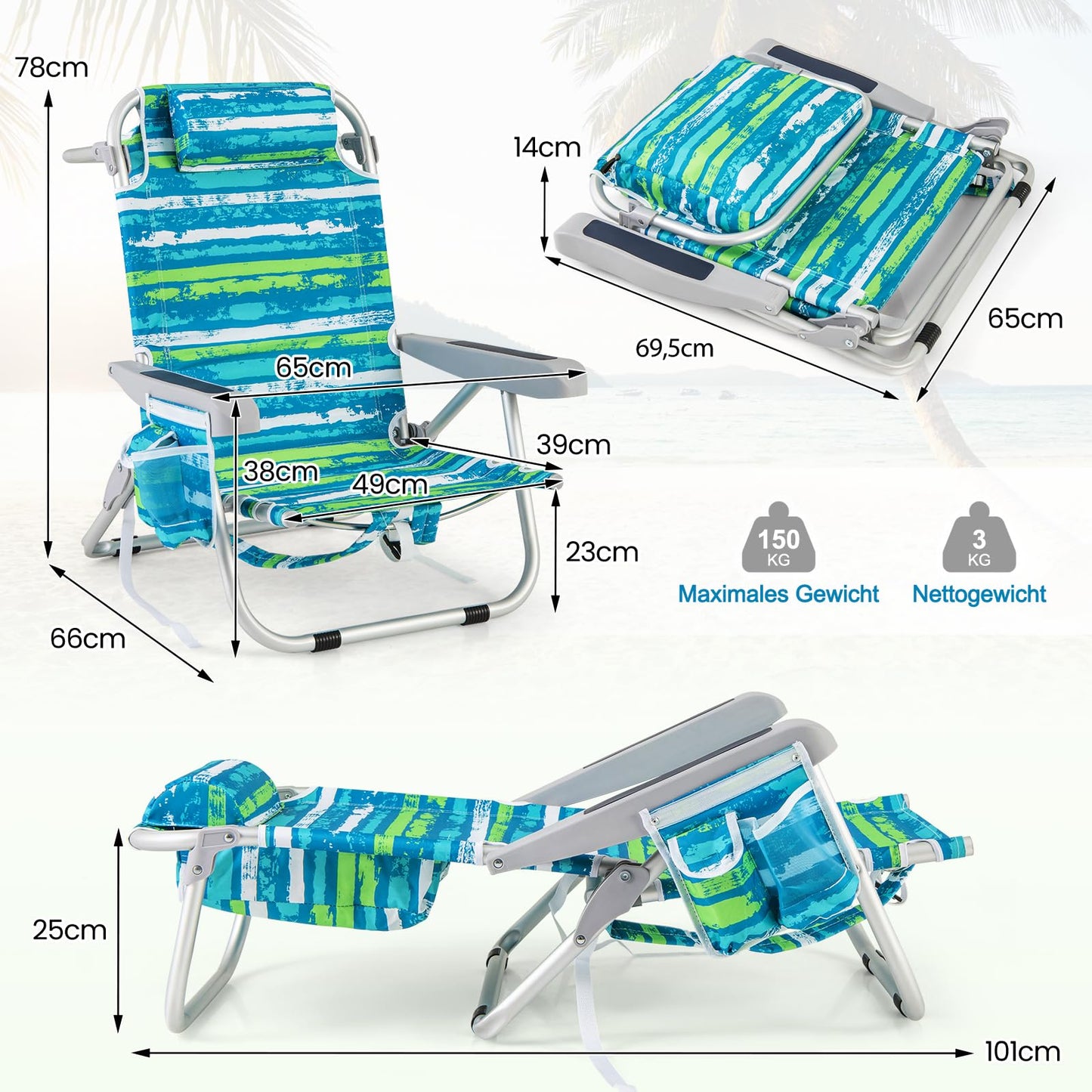 COSTWAY beach chairs foldable light, set of 2, camping chairs with adjustable backrest, headrest, side pockets, shoulder straps, towel holder & armrests, folding chairs, outdoor chairs