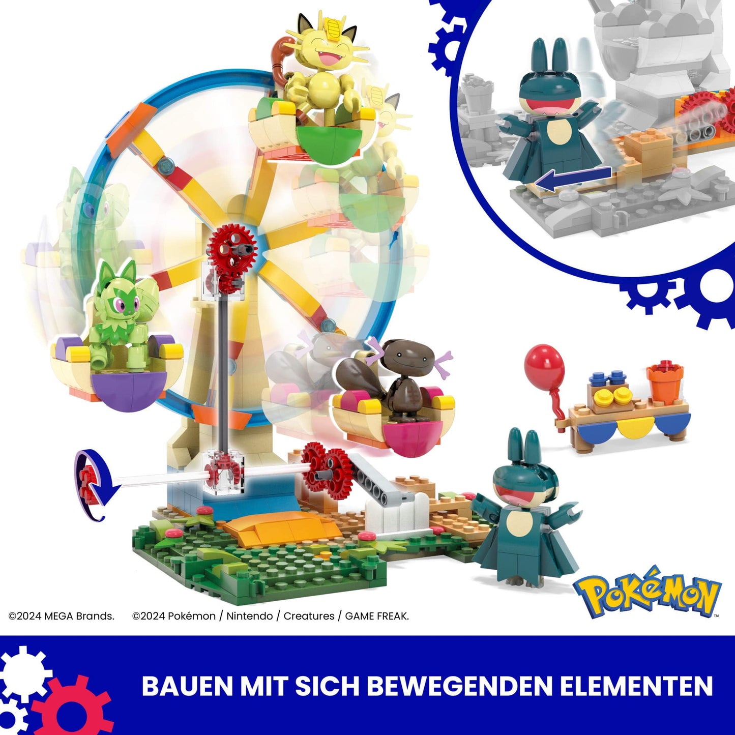 MEGA Pokémon action figure building toy, fun on the Ferris wheel with 393 pieces and movable Litleo, Munchlax, Meowth, and Purrloin, for kids, HXF80.