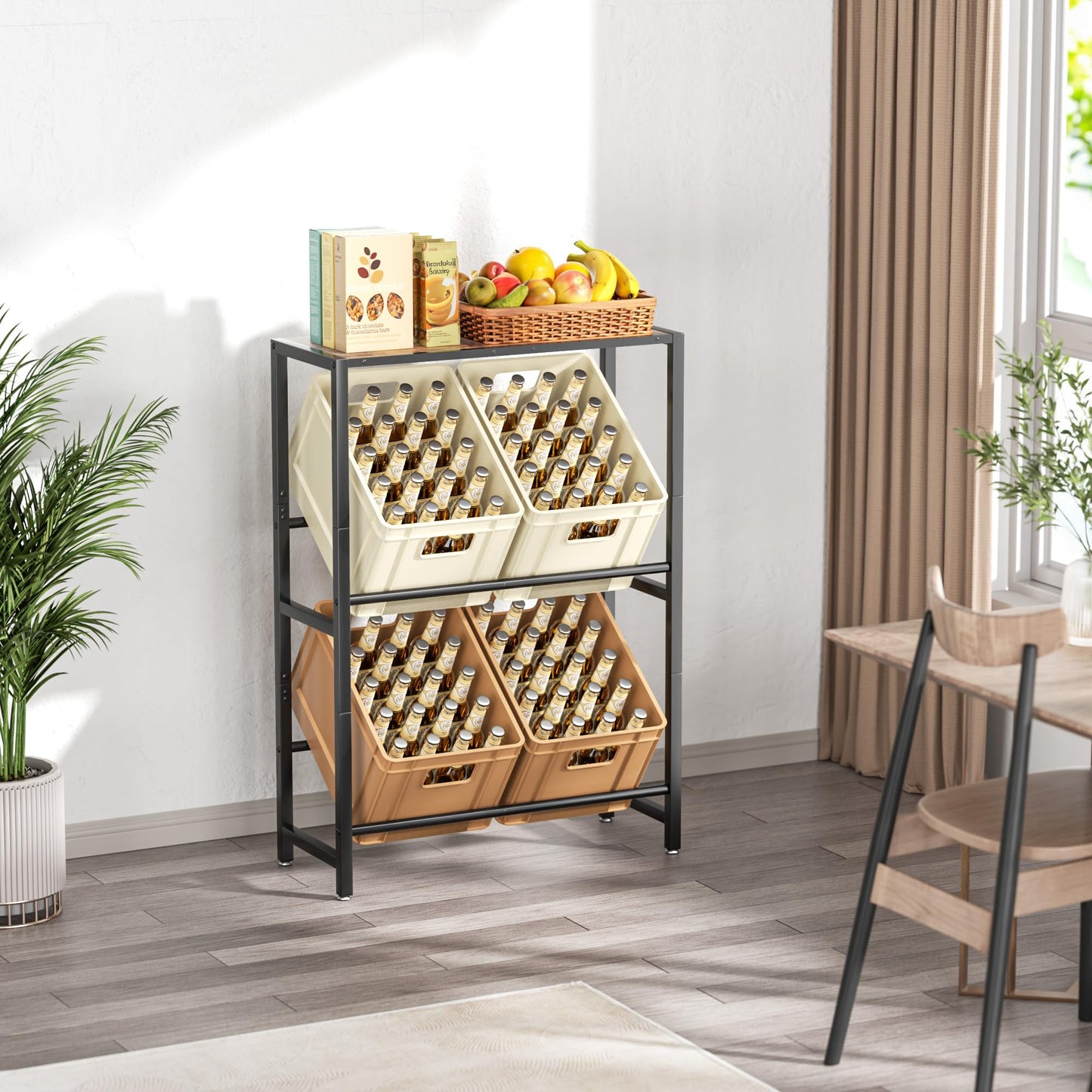 PickPiff 4 Crates Beverage Crate Rack with Shelf - Black Metal Drink Rack, Space-saving Crate Rack with 2 Levels for Beer, Fruit, Vegetables, Water - For Living Room, Kitchen & Basement, 4 Boxes