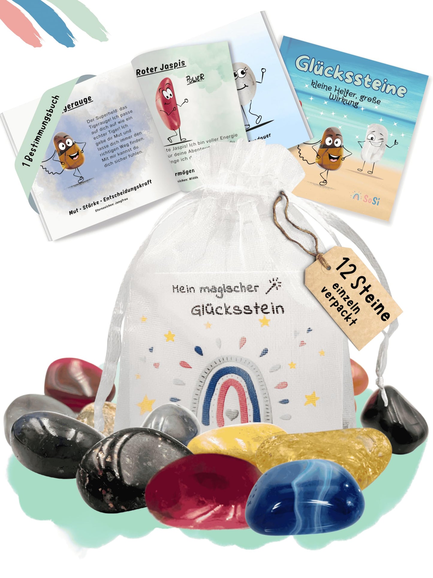 12 Lucky Stones in Organza Bag, 2-3cm, Party Favor, Gift, Giveaway, Good Luck Charm, Kids Birthday, Hostess Gift, Preschool, Baptism, Communion, School Start