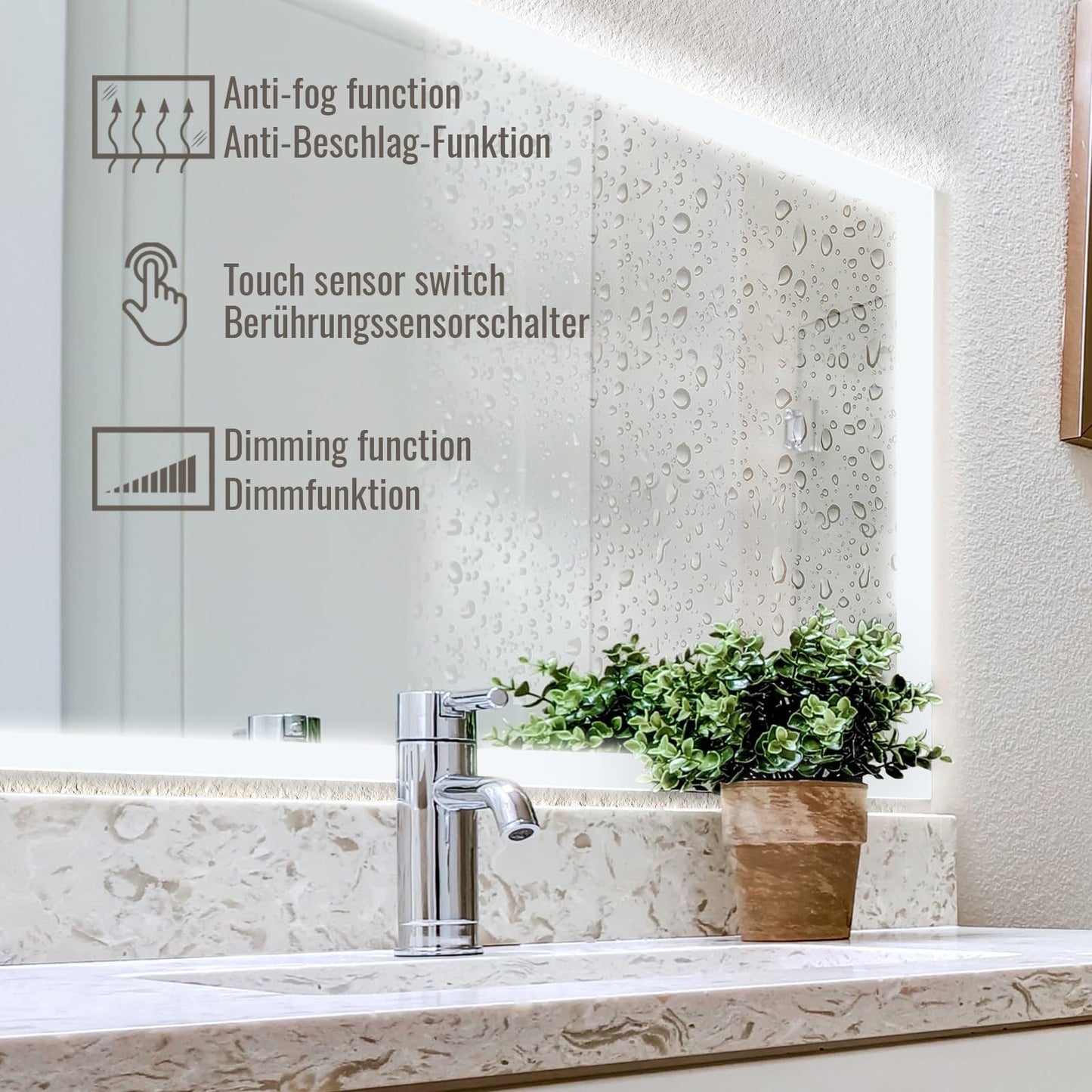 Aquamarin® LED Bathroom Mirror - 80x60 cm, Anti-fog, Dimmable, Energy-saving, with memory function, 3000-7000K - Bathroom mirror, LED mirror, light mirror, wall mirror for bathroom