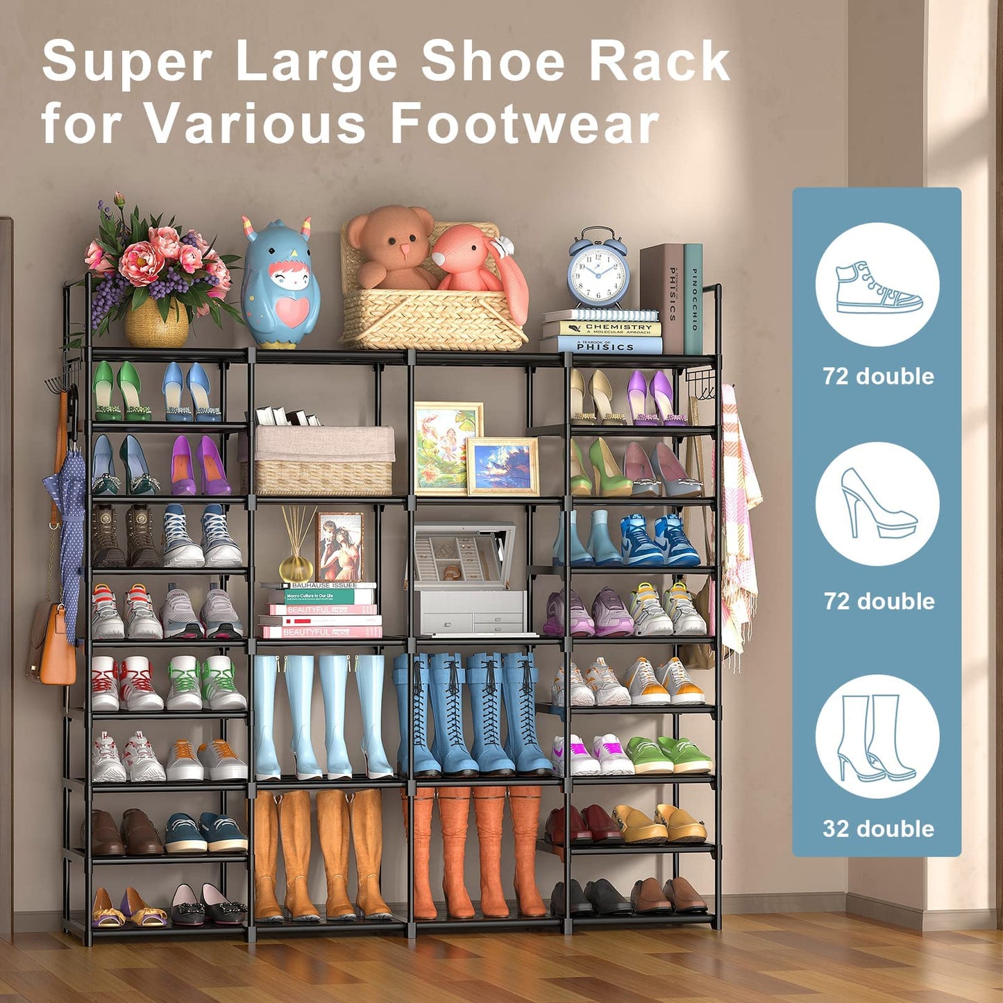 FINEW shoe rack with 9 levels, metal shoe shelves, large shoe rack for 64-72 pairs of shoes storage, 4 rows shoe cabinet with hooks for living room, dressing room, and hallway.