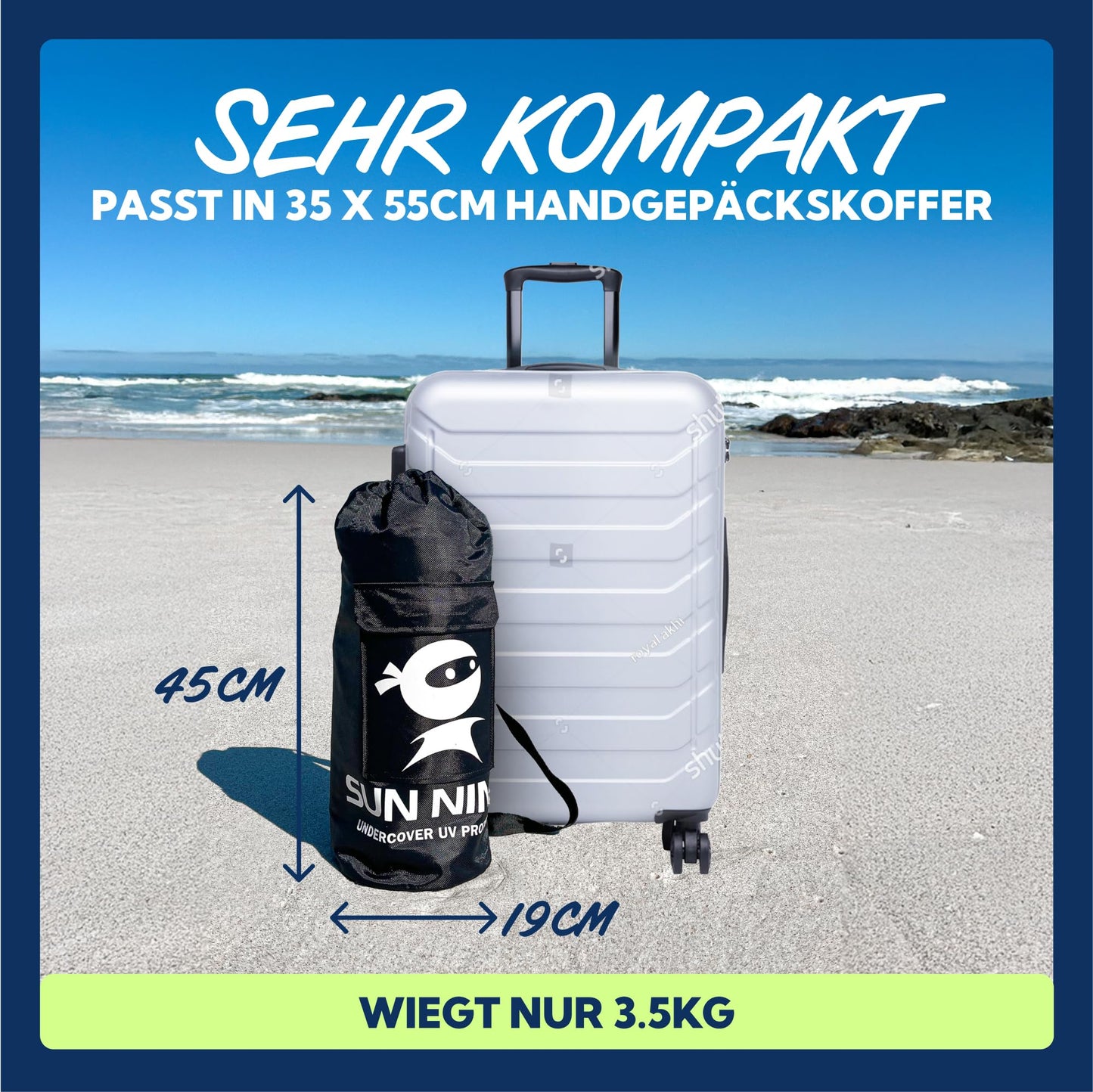 Sun Ninja beach tent with UPF50+ - sun protection beach sunshade with sand shovel & ground nails - beach shelter baby UV protection 50 - beach tent