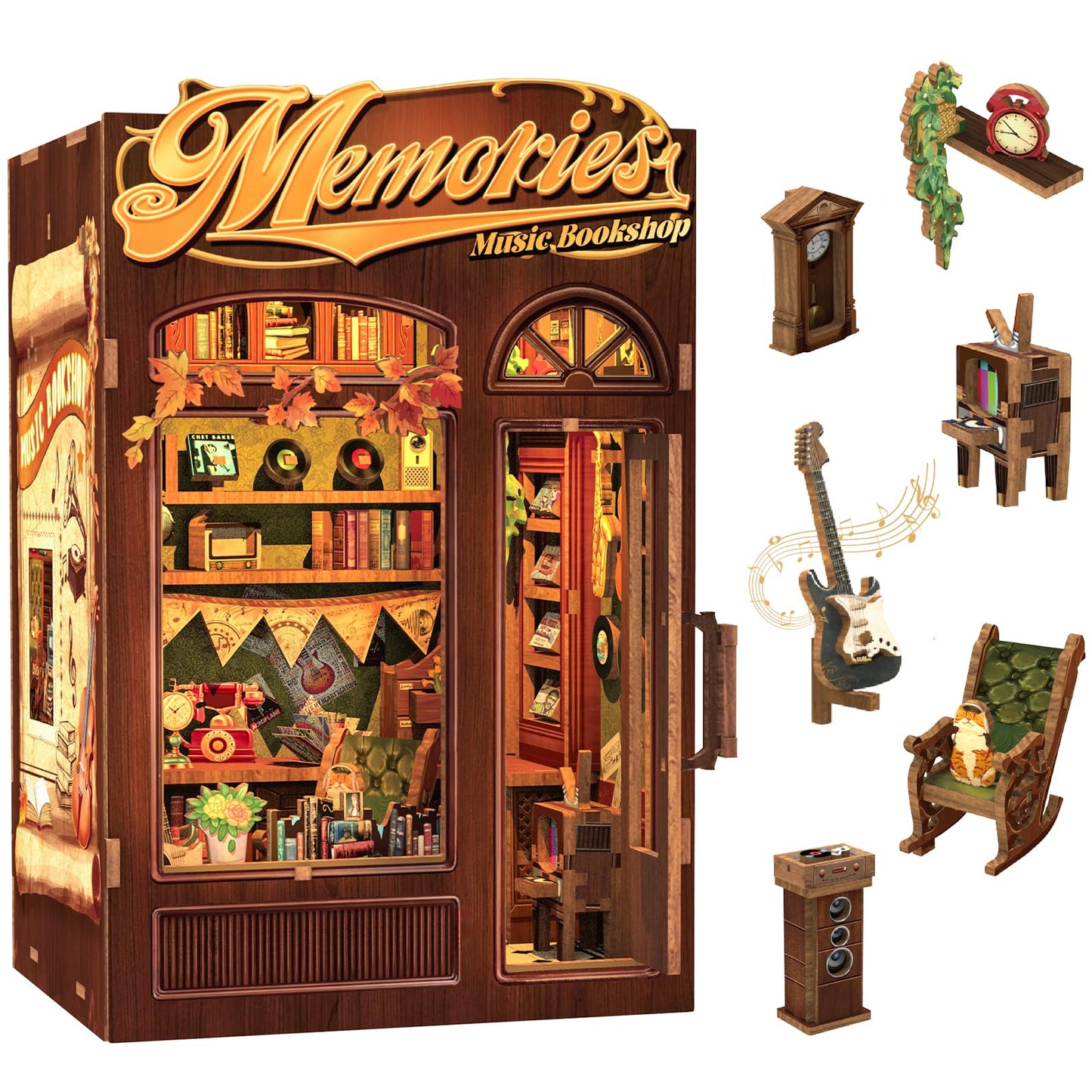 CUTEBEE Book Nook Kit - DIY dollhouse miniature house build yourself bookend library bookshelf decoration 3D wooden puzzle bookends book lover gifts for adults (Memories Music Bookshop)