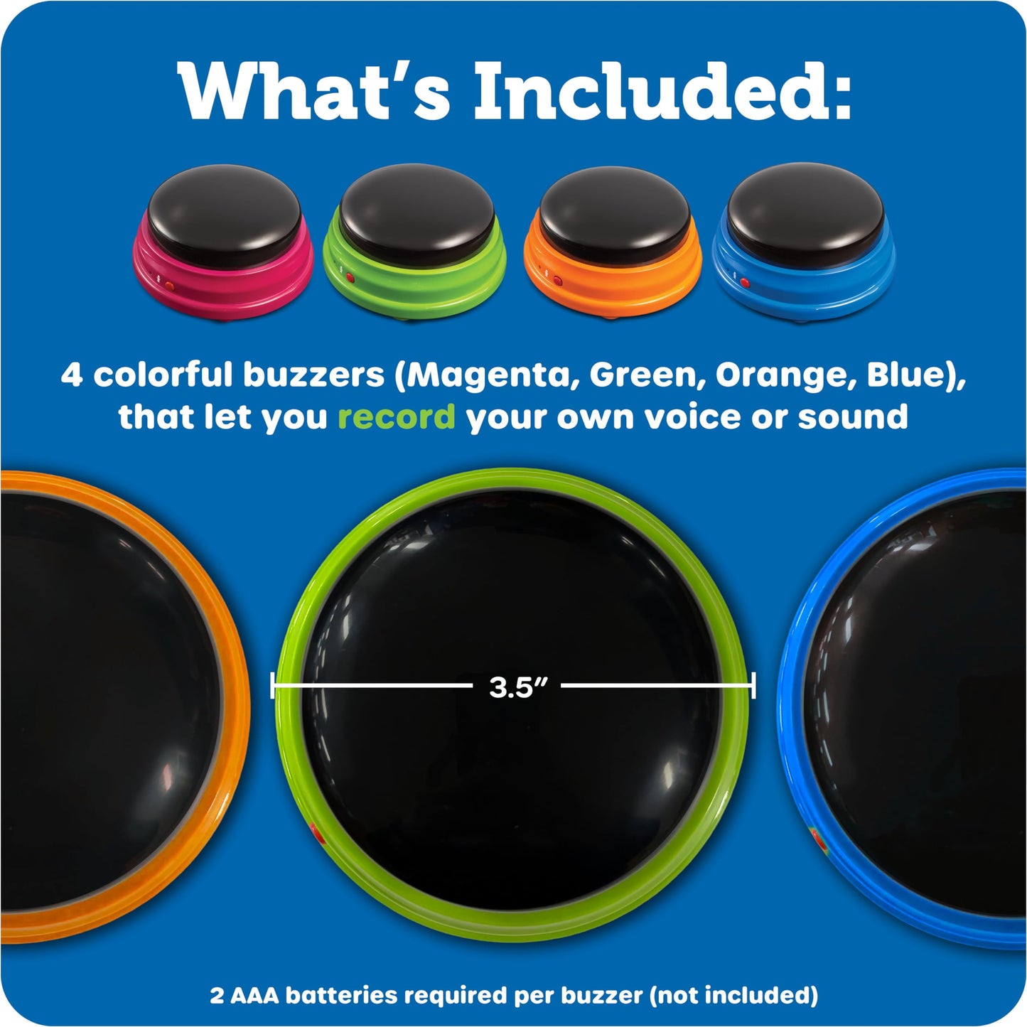Learning Resources Sound Recordable Answer Buzzers (4 Pack) enhance reaction training during game nights in the classroom or at home. Suitable for ages 3 and up.