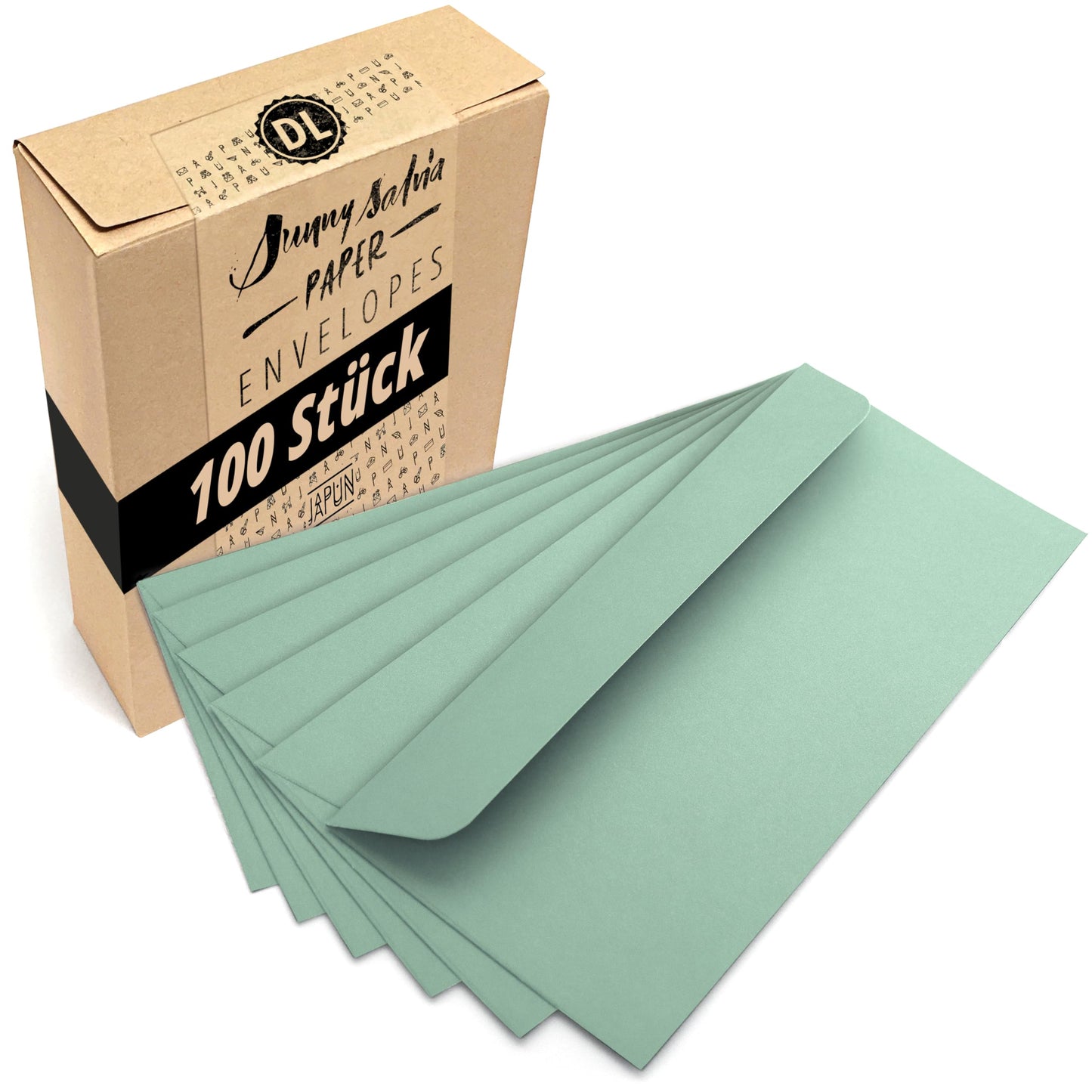 Japun - Paper envelopes (100 pcs), made of paper, without window - DL size - 220 x 110 mm - green.