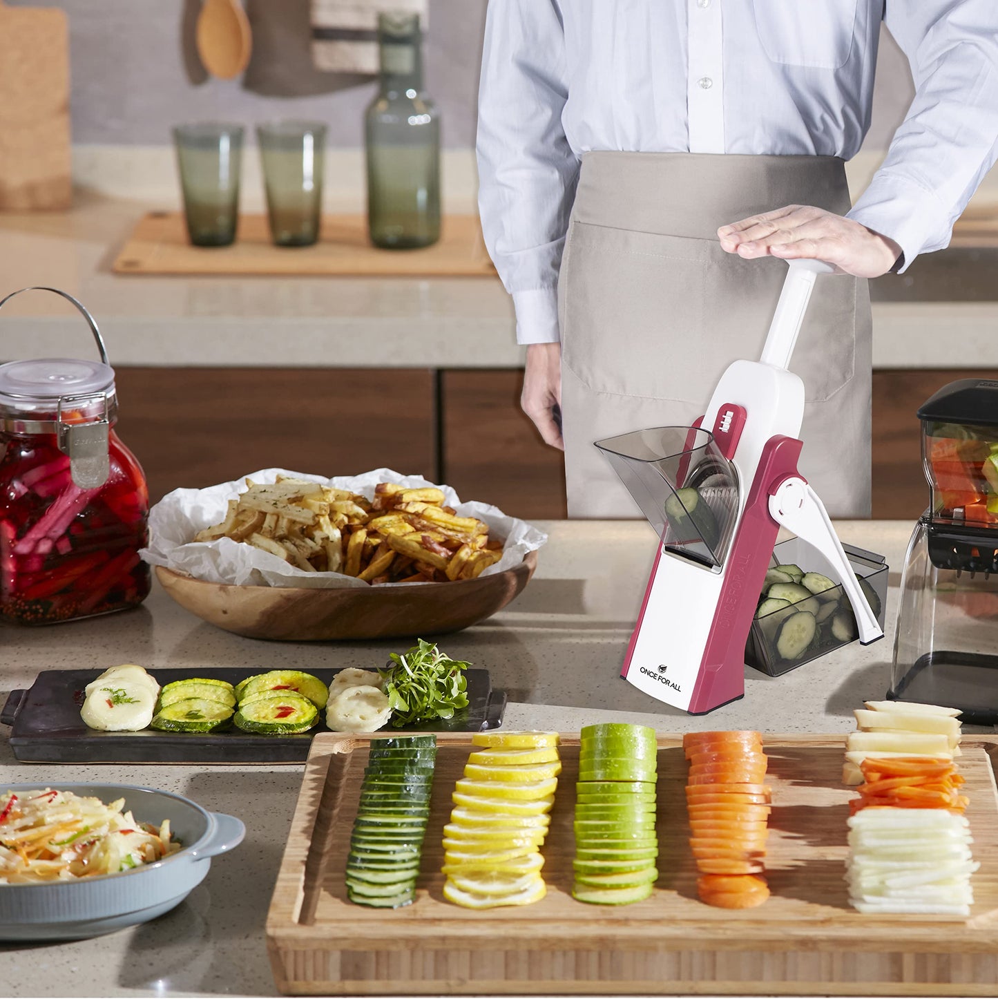 ONCE FOR ALL Vegetable Cutter with Container, ideal for slicing potatoes & onions, cucumber slicer - dicer, julienne cutter.