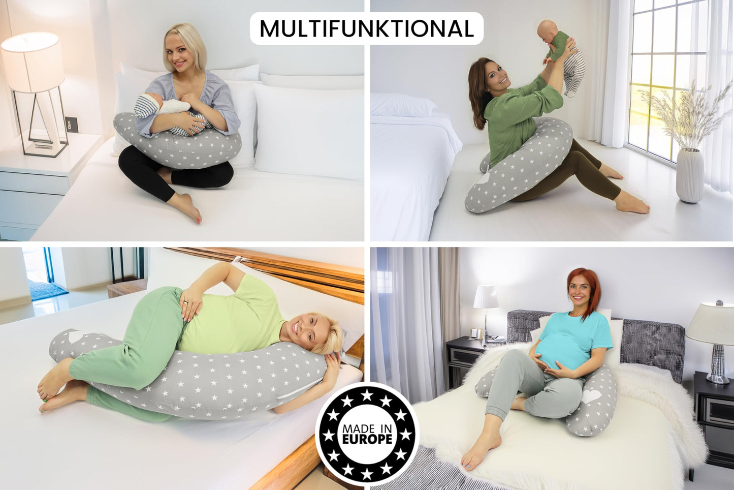 Amilian Nursing Pillow XXL - Pregnancy Pillow & Side Sleeper Pillow Baby - Pregnancy Pillow and Body Pillow - Grey with Stars - Pregnancy Pillow