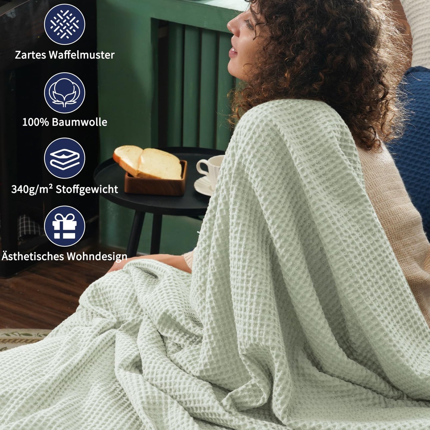 PHF 100% Cotton waffle blanket Throw 150x200cm, lightweight & breathable, perfect for summer - Oeko-TEX® Certified - Hotel-grade quality - Ideal for sofa, couch, bed, Grass Green.