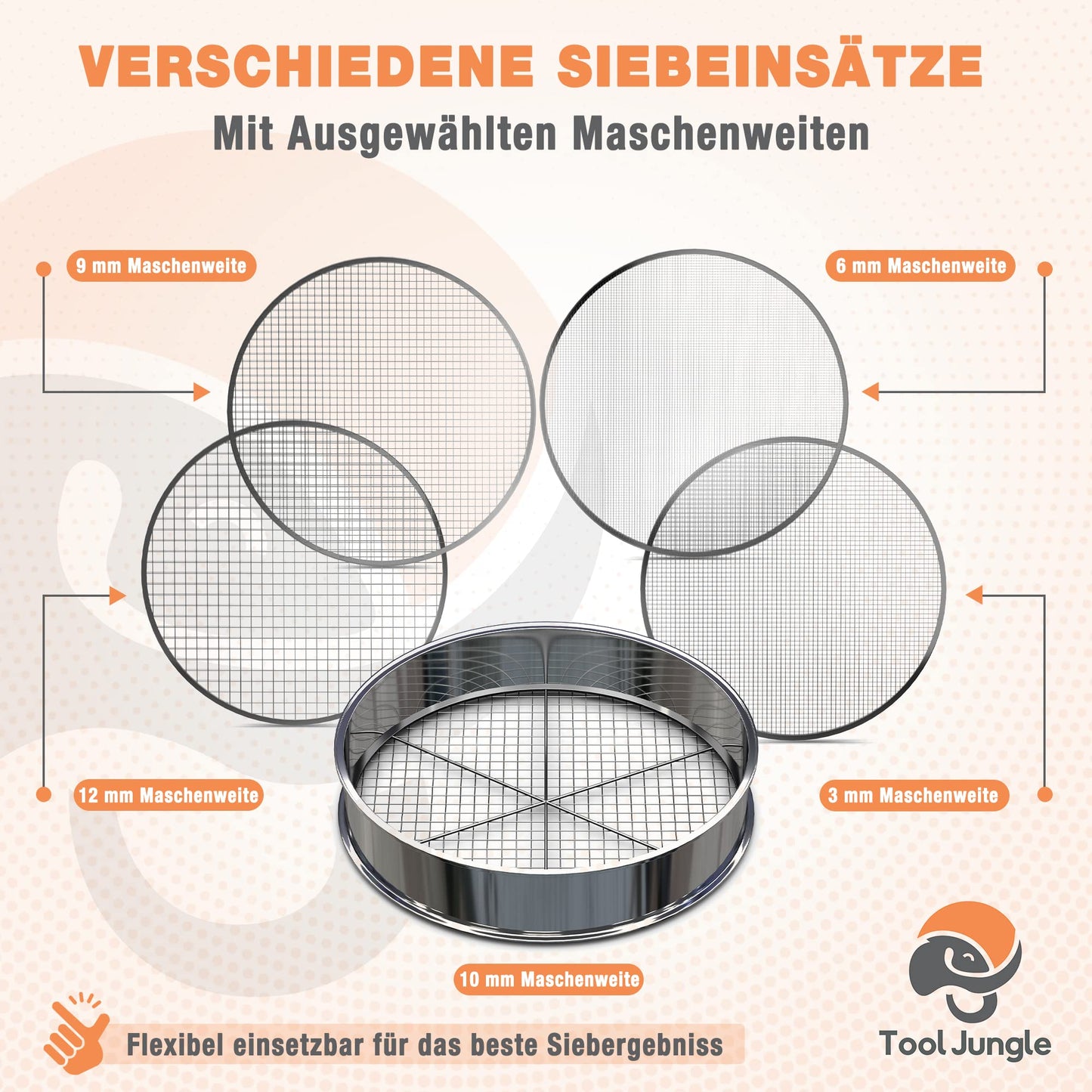 Tool Jungle- Stainless steel garden sieve - includes 5 sieve inserts Ø 3.5, 8, 9, 12mm - Compost sieve weatherproof - with additional crossbar for more stability.