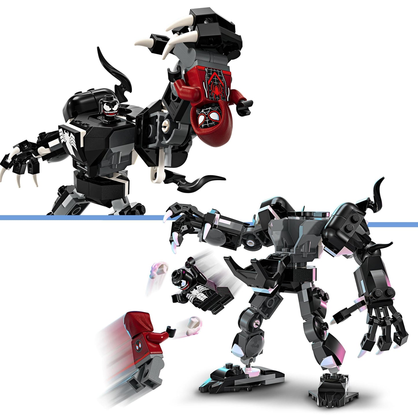 LEGO Marvel War Machine Mech, buildable superhero toy with 3 shooters & Marvel Venom Mech vs. Miles Morales, poseable action figures for kids.