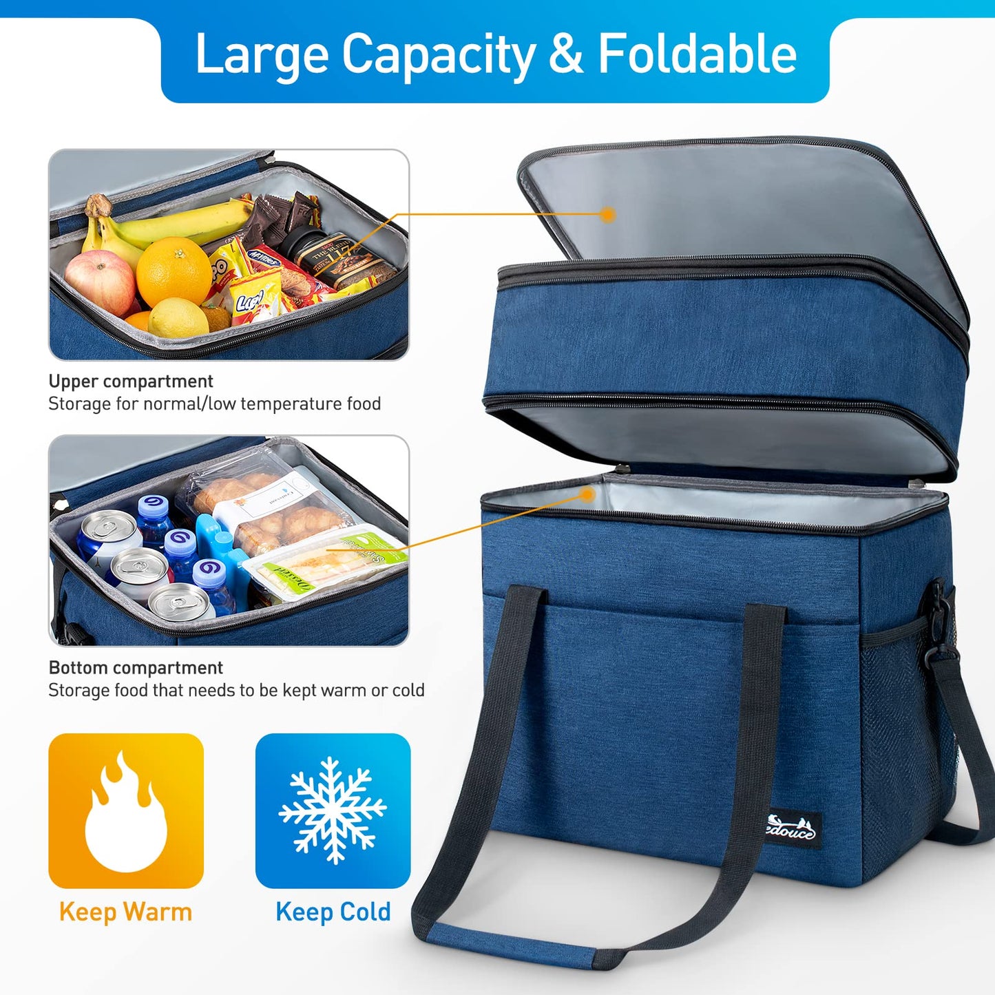 Viedouce cooler bag, expandable insulated picnic bag for men and women, double compartments waterproof leakproof lunch bag with shoulder strap beer opener for outdoor camping travel (blue, 30L)