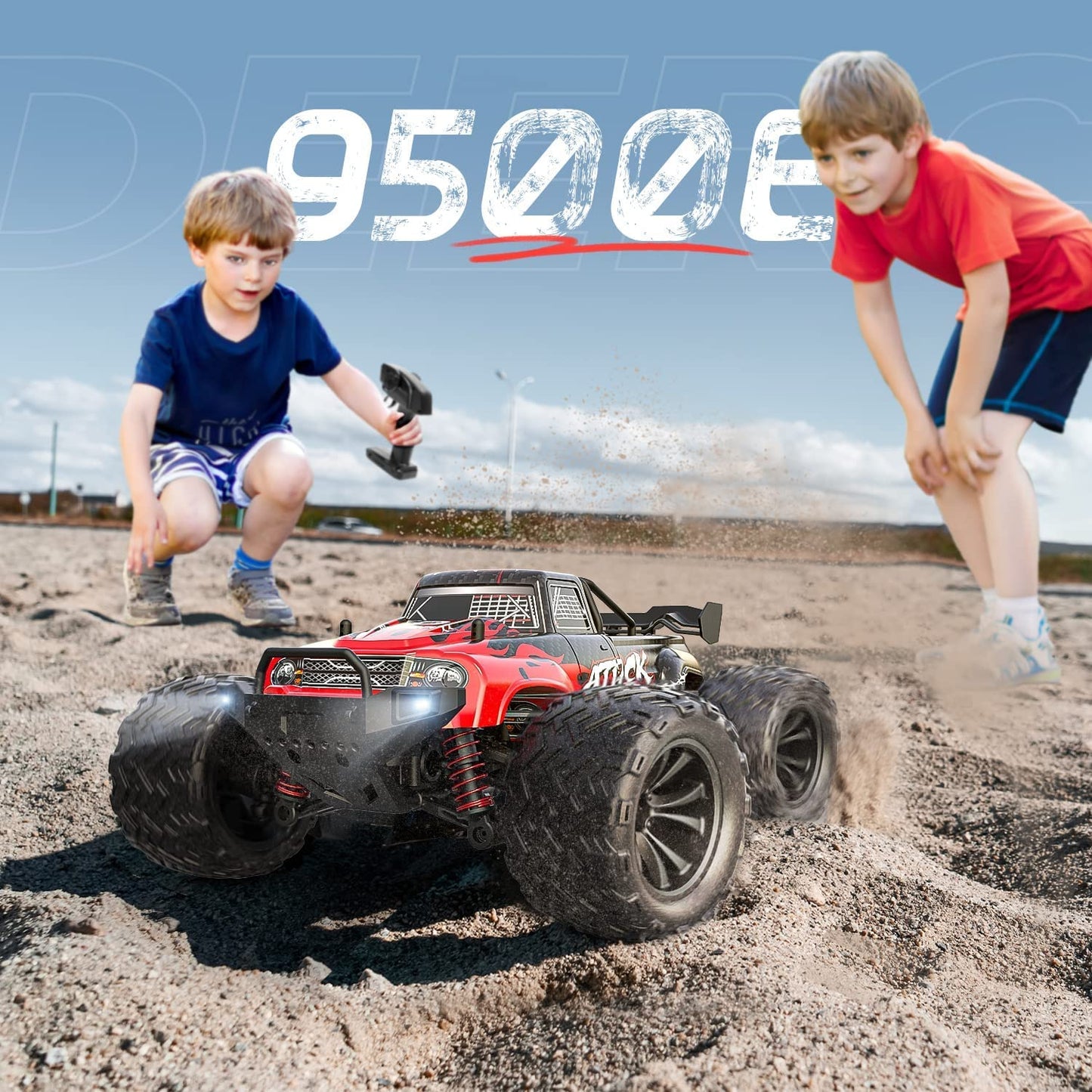 DEERC Remote Control Car, 1:16 Scale RC Car for Adults, 40 KM/H, 4WD All Terrain Off-Road 2.4Ghz RC Crawler with LED Light, 2 Batteries, Toy Gift for Kids