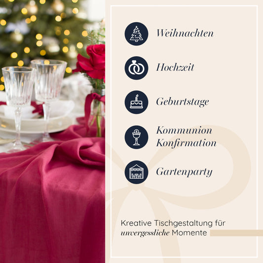 100% Mosel Muslin decorative fabric, in Bordeaux Red (48 cm x 5 m), 66 g/m², very thin table runner, Elegant table decoration for wedding & Christmas, Table ribbon as decoration for special occasions.