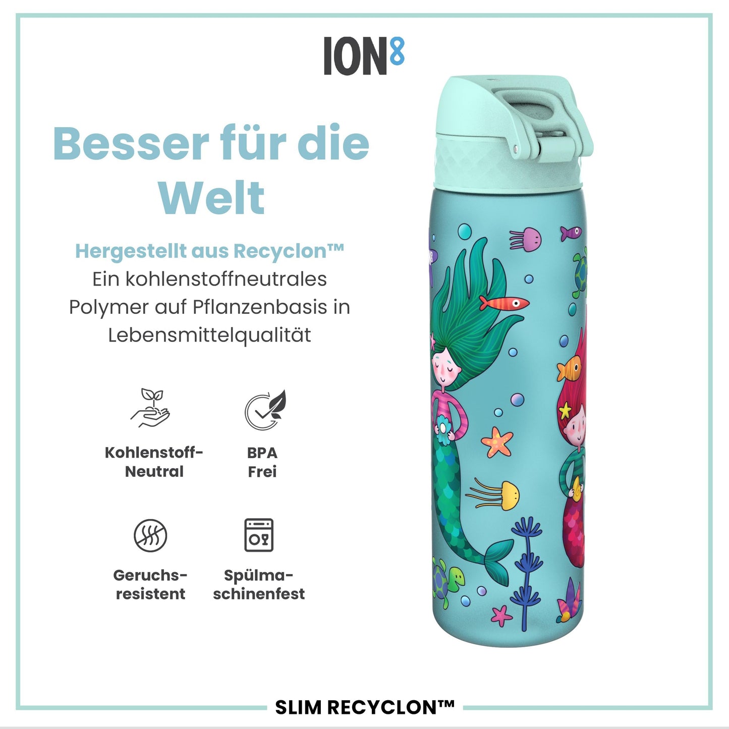 ION8 water bottle, 500ml, Leak-proof, One-handed opening, Secure locking, Dishwasher safe, BPA-free, Carry handle, Flip lid, Easy to clean, Climate neutral, Mermaids
