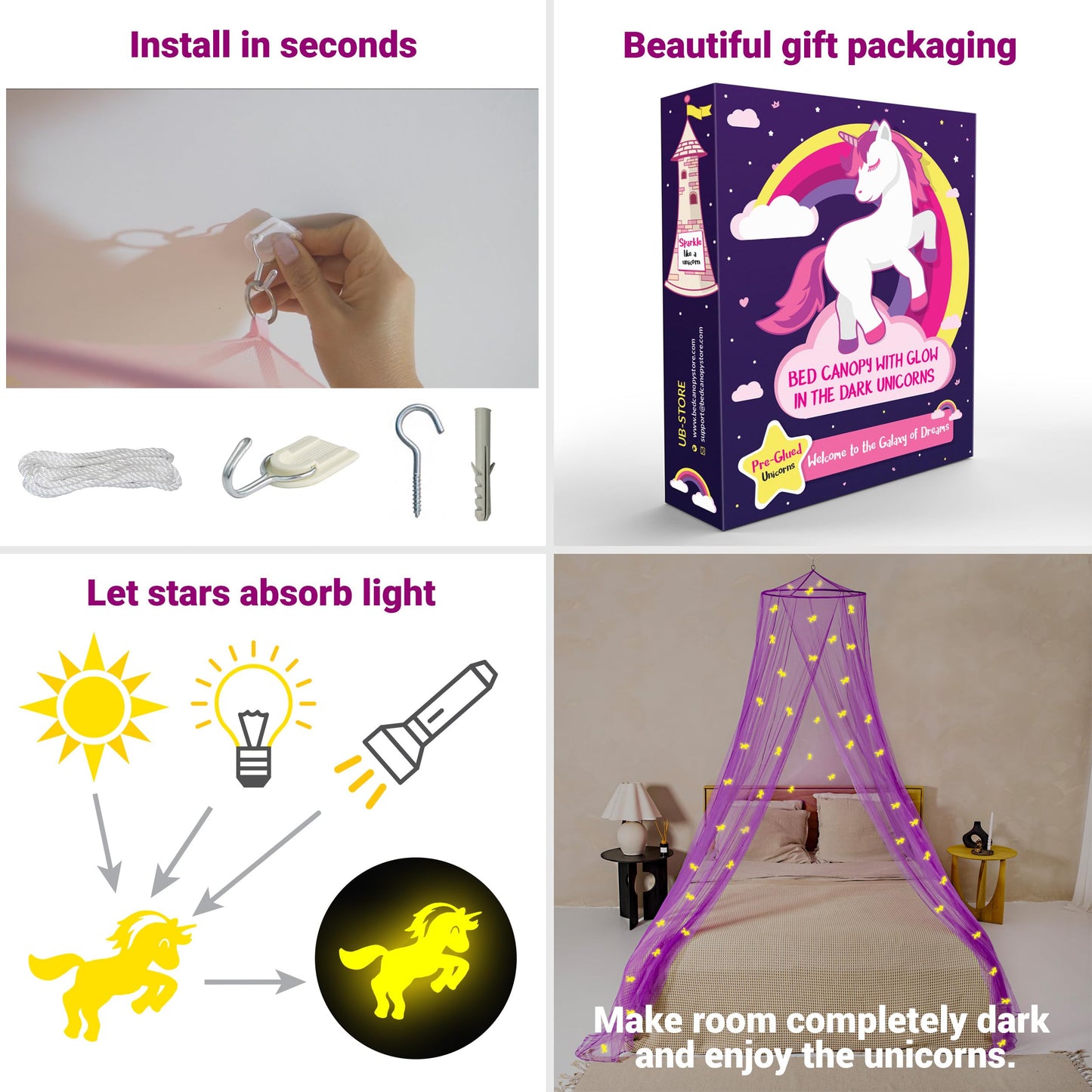 Purple bed canopy with pre-glued glowing unicorns - Violet princess mosquito net for girls' room decoration - Canopy curtains for children and baby beds.
