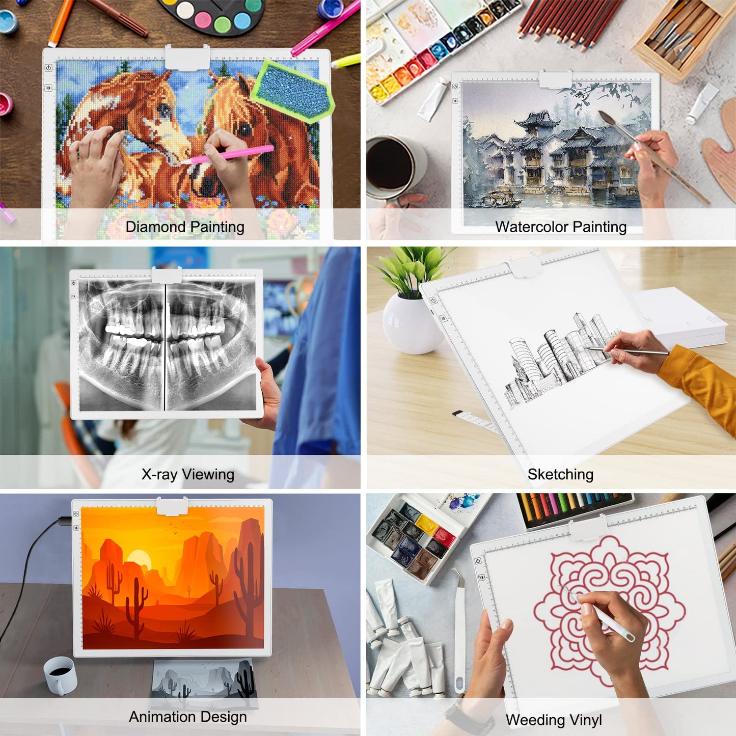 QENSPE A3 Wireless Light Table, LED Light Pad Light Box for Kids with Battery, 3 Color Modes and 6 Brightness Levels, Fully Dimmable, Lightbox with Stand and Magnetic Clip, Diamond Painting Accessories.