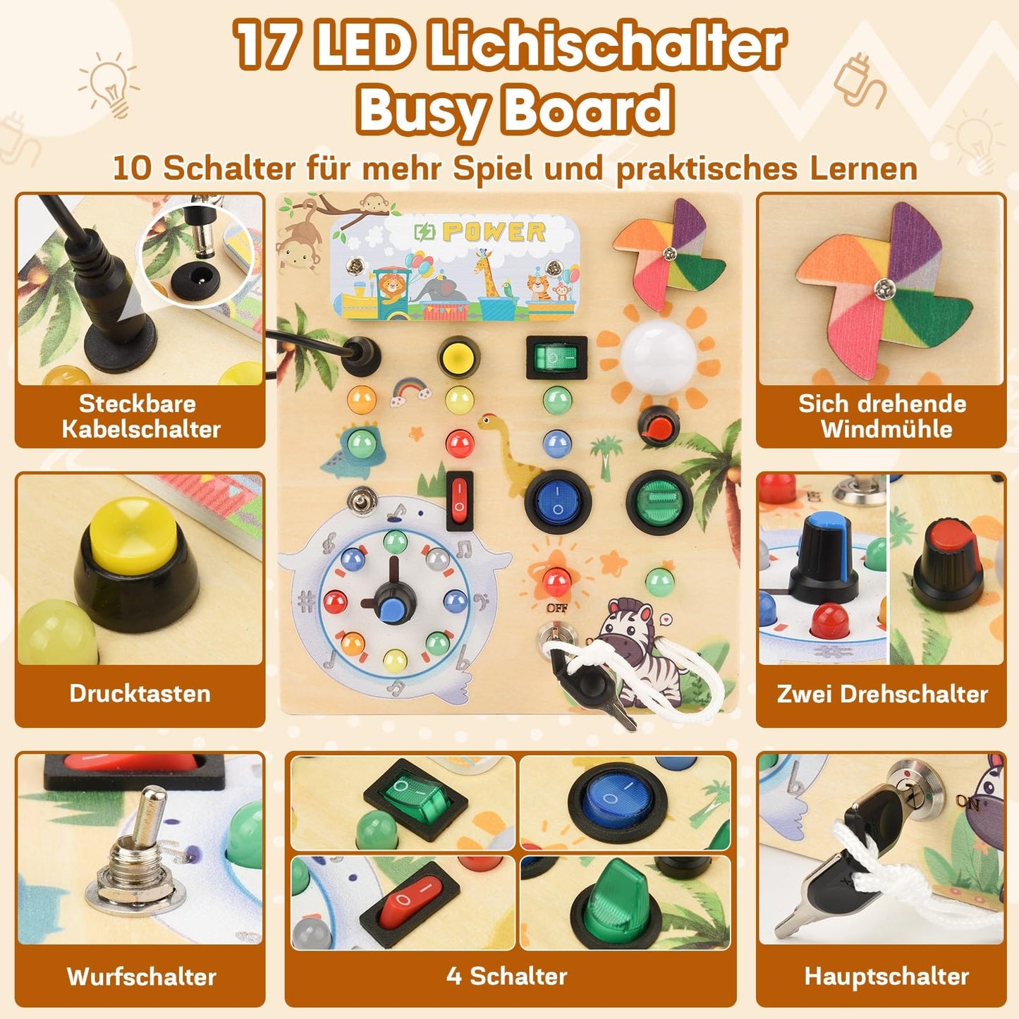 MILFECH Montessori Toy Busy Board with LED Light Switch Activity Board Wooden Toy, 17 LED Motor Skills Toy Sensory Toy Learning Toy for Babies Toddlers Boys Girls aged 1 2 3 4 years