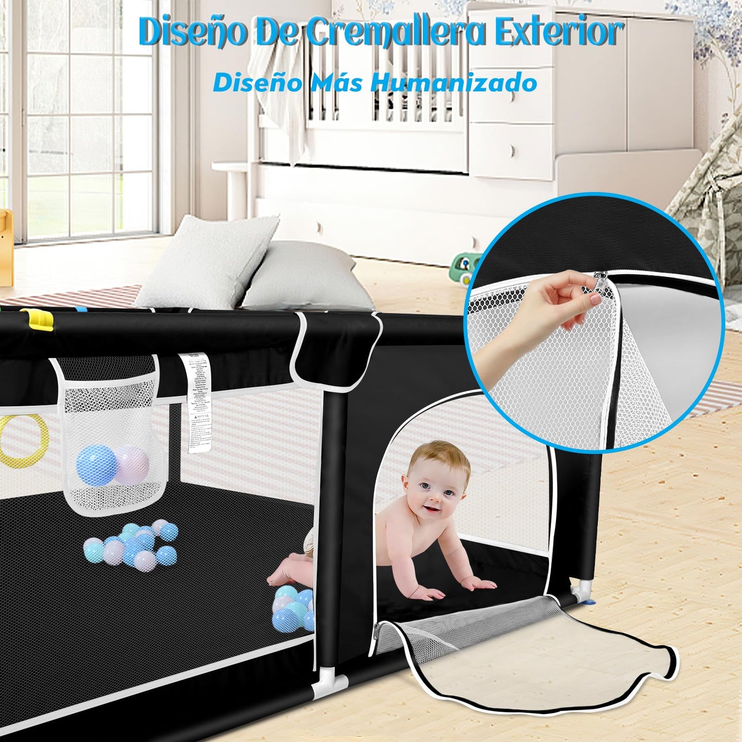 Wholede baby playpen, 150 x 180 x 66 cm, with breathable mesh fabric, includes 4 rings and 50 ocean balls.