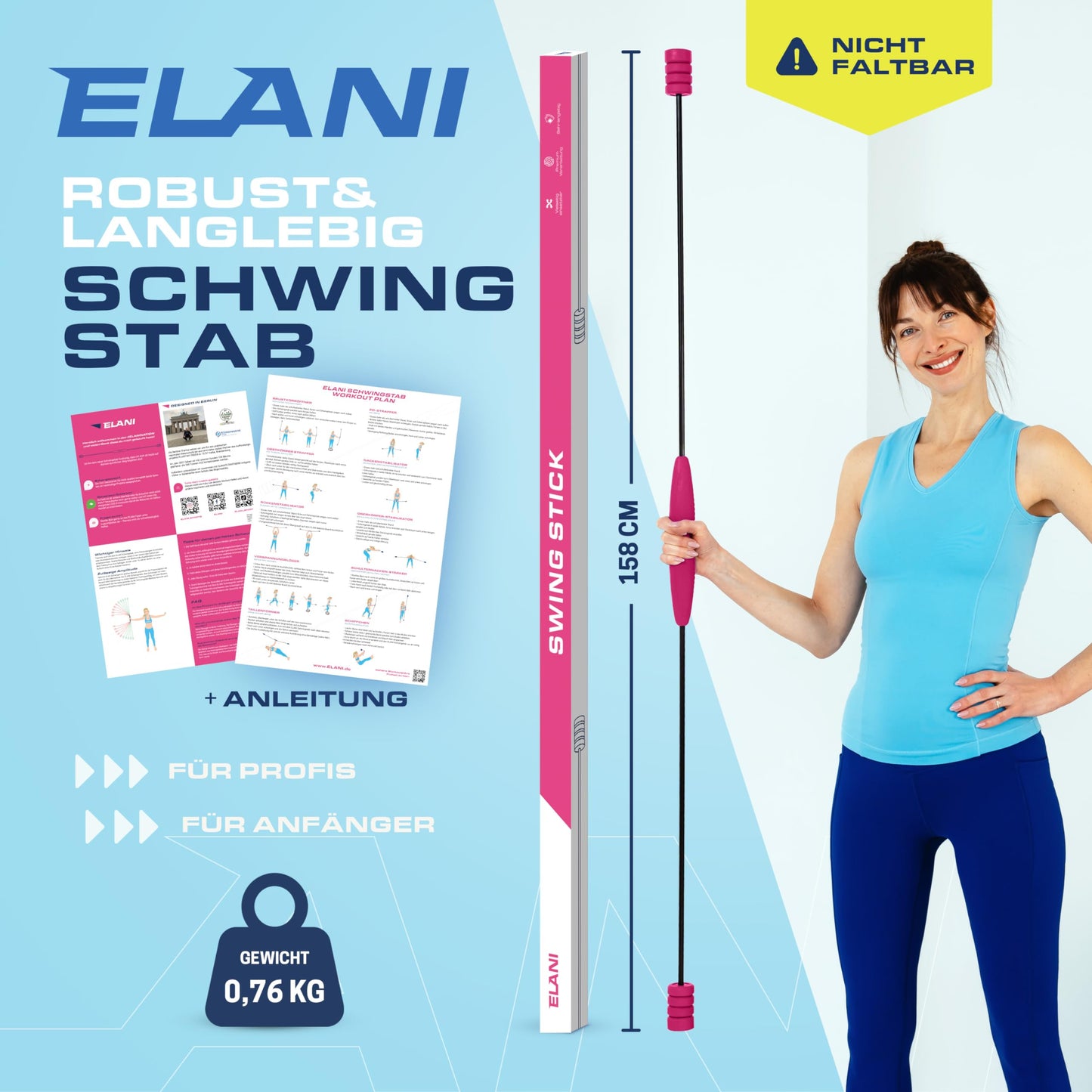 ELANI Swing stick - Adjustable resistance & ergonomic grip - High-strength gymnastics stick, also suitable for physiotherapy - Swinging Sticks, Swing stick fitness champion, Flex Stick