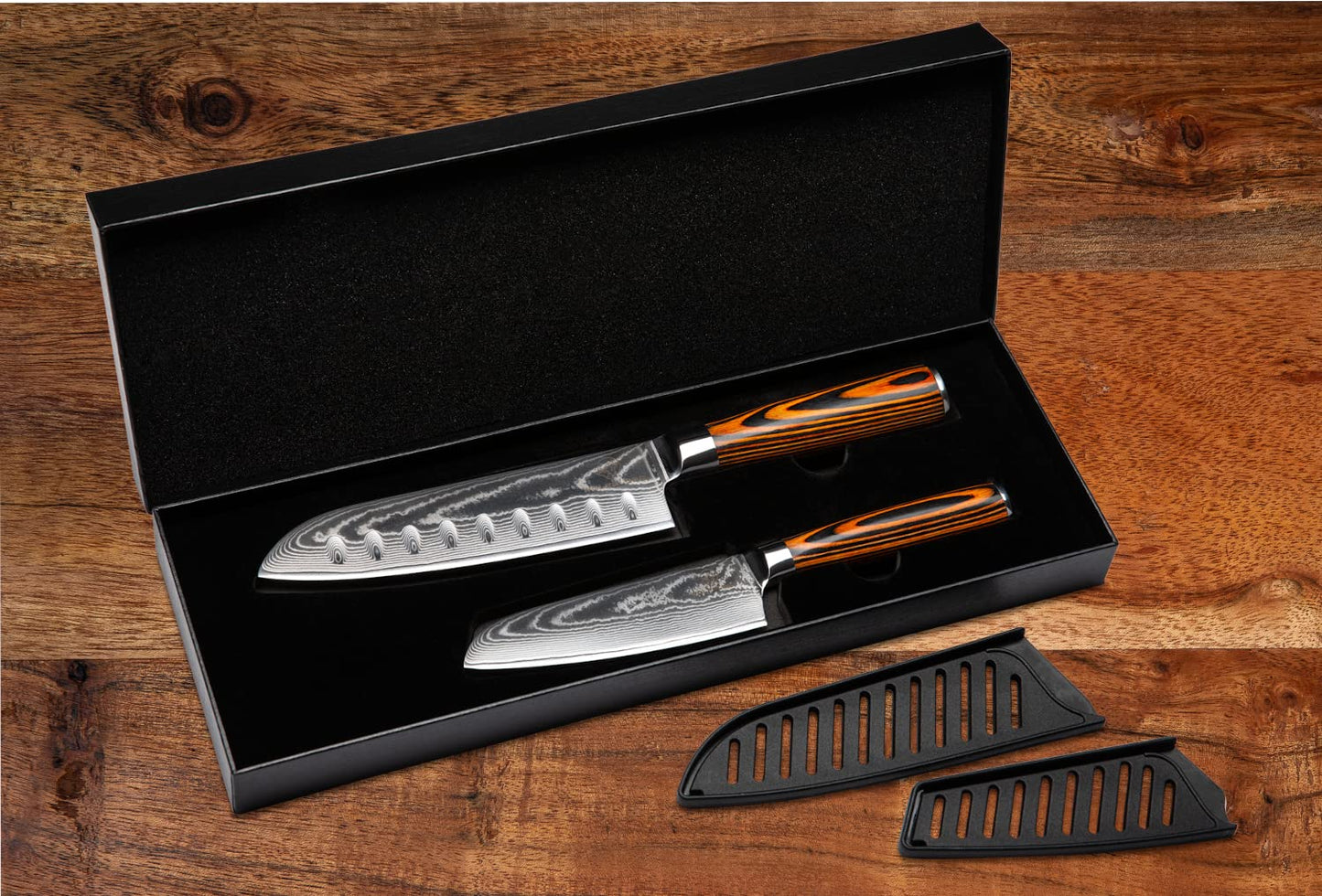 Wolfblood 2-piece Damascus Knife Set (30cm and 24cm) Professional Santoku Damascus Kitchen Knife made of genuine 67-layer Damascus steel. Santoku Damascus Knife Set with wooden handle, gift box & blade cover.