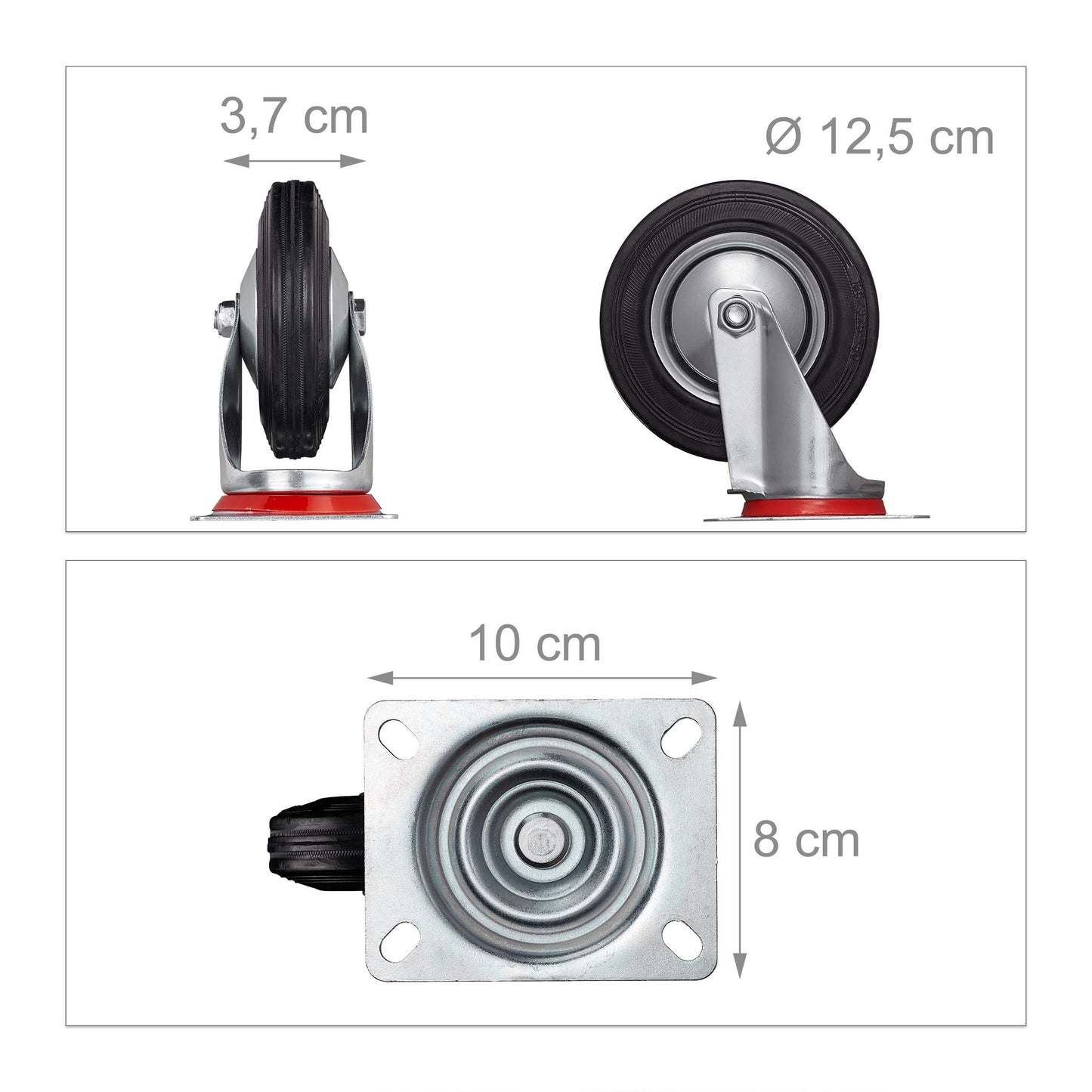 Relaxdays Heavy Duty Casters, Set of 4, swivel, ball bearing, 2 with brakes, load capacity up to 320kg, wheel diameter: 125mm, black