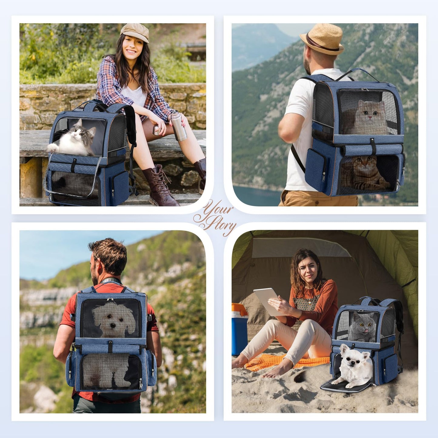 LekeSpring Double-Layered Cat Backpack for 2 Cats Large Cat Carrier Backpack Foldable Pet Backpack for Cats Dogs up to 11kg - Blue