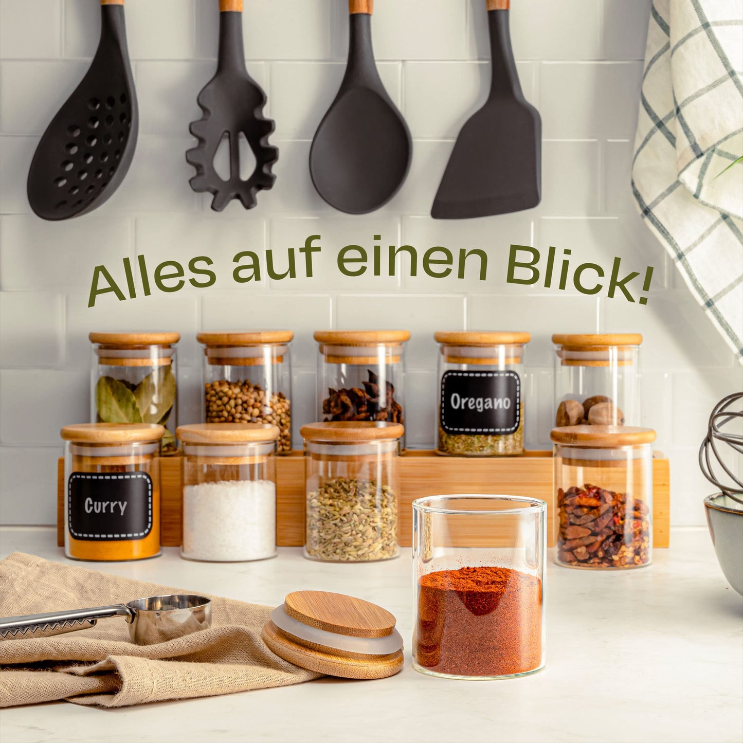 Praknu Spice Jars 120ml - 10 Piece Spice Jar Organizer with Spice Labels - Airtight - Dishwasher Safe - Kitchen Organization - for Spices, Herbs & Tea