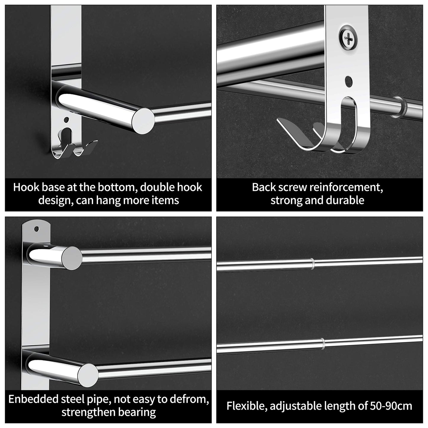 Towel rack Extendable 43-78CM without drilling Stainless steel double towel bar Bathroom Wall adhere bath towel holder wall mount (Silver 3-Bar)