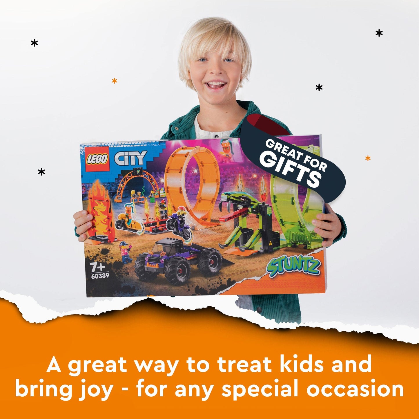 LEGO 60339 City Stuntz Stunt Show Double Loop Set, includes ramp, monster truck, 2 motorcycles, and 7 minifigures. Toy for kids ages 7 and up.