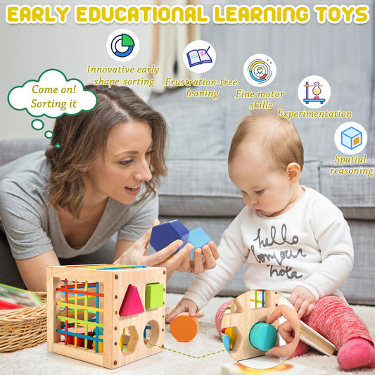 Winique Shape Sorting Wooden Toy for 1 year old, Montessori sensory toy, baby blocks, fine motor sorting games for early learning, gift for toddlers boys girls age 12 months.