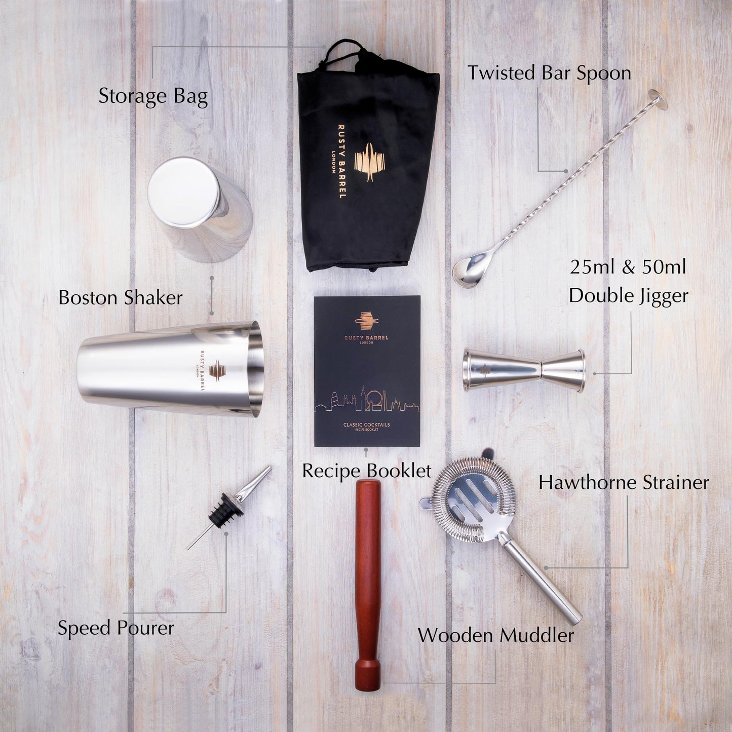 Rusty Barrel Bloomsbury Cocktail Set – Stainless Steel Cocktail Shaker Set with Jigger, Muddler, Bar Spoon & Accessories | Cocktail Mixing Set in Luxury Gift Box with Bag & Recipe Booklet