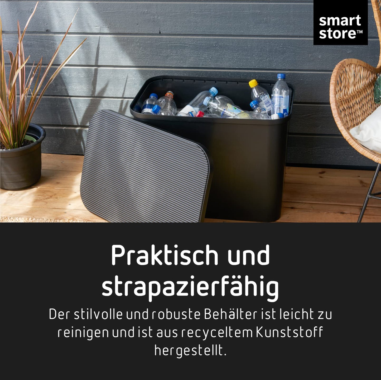 SmartStore Recycling Trash Can - 76L large kitchen bin with wooden lid, 3 x 13L bucket inserts, 2 x small lids - sturdy recycling bins for the kitchen - black kitchen bin (L x W x H) 57 x