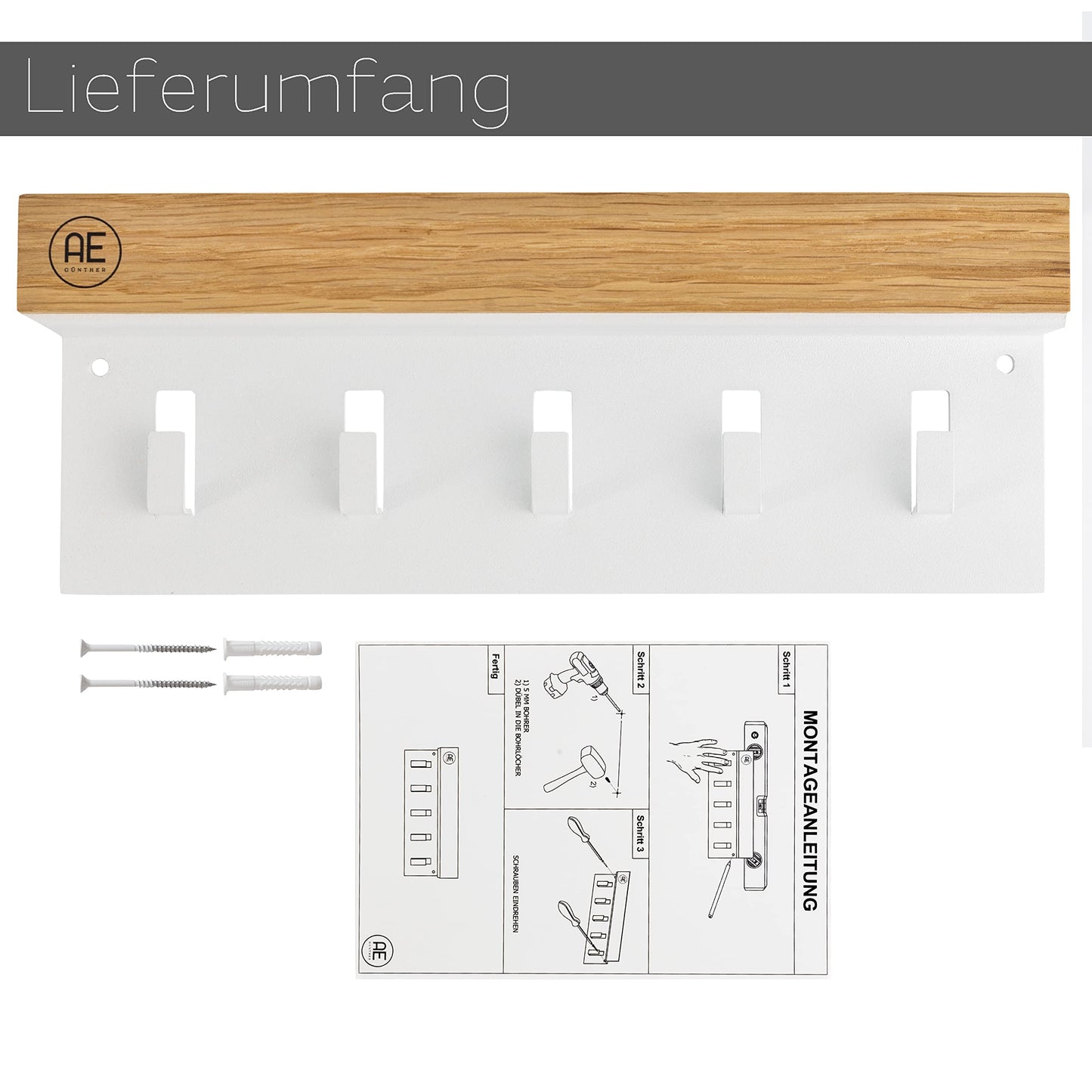 AE Günther® Key Rack Wood - White Steel Key Holder - Oak Key Board - Key Organizer with Tray - Keyring - Key Box - Wall Organizer - Key Rack (White)