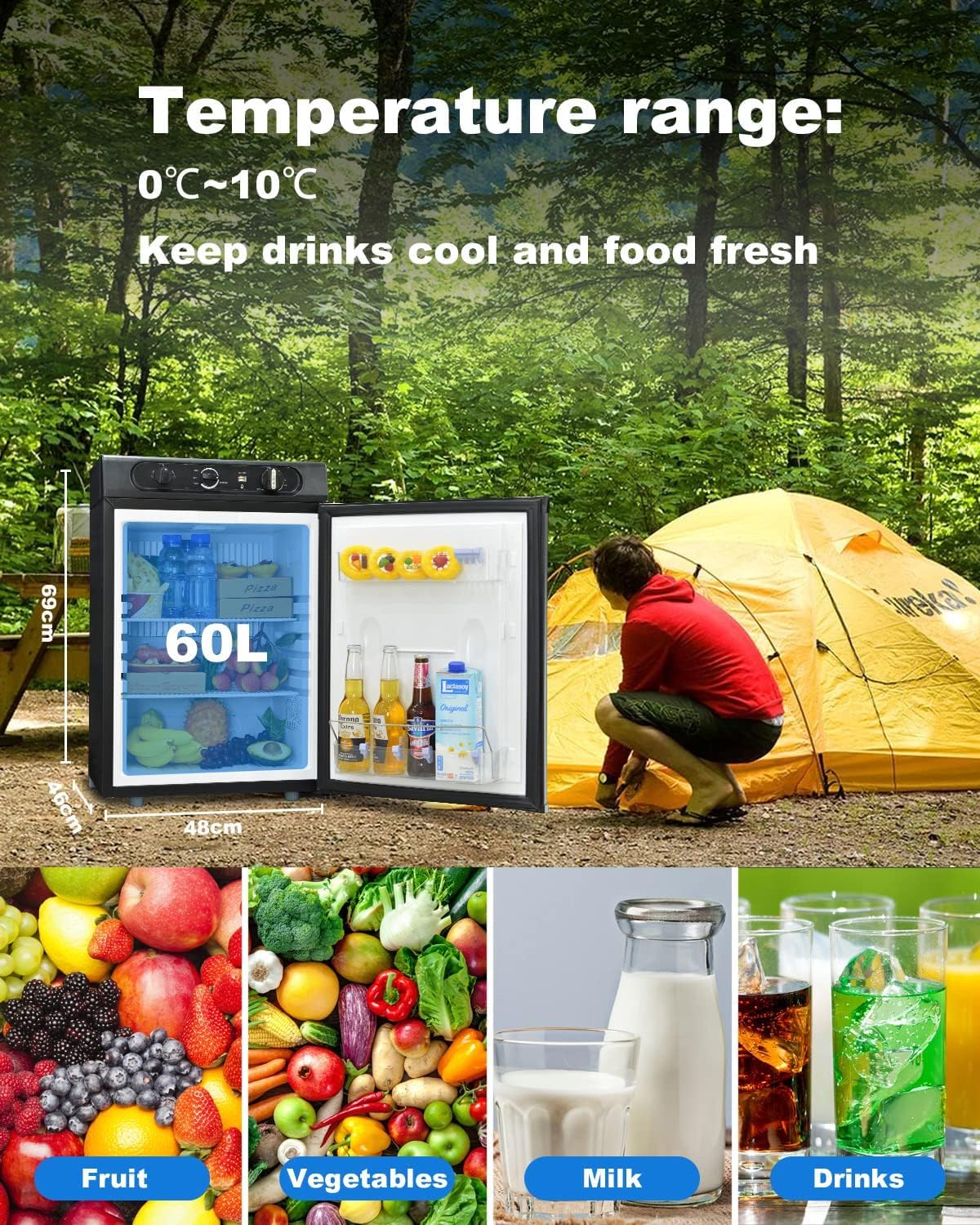 SMETA Refrigerator Gas 12V 230V, Gas Refrigerator, Camping Refrigerator, Caravan Refrigerator 12V Gas Refrigerator 60L 12V/230V/LPG for RV Camper Caravan, Black
