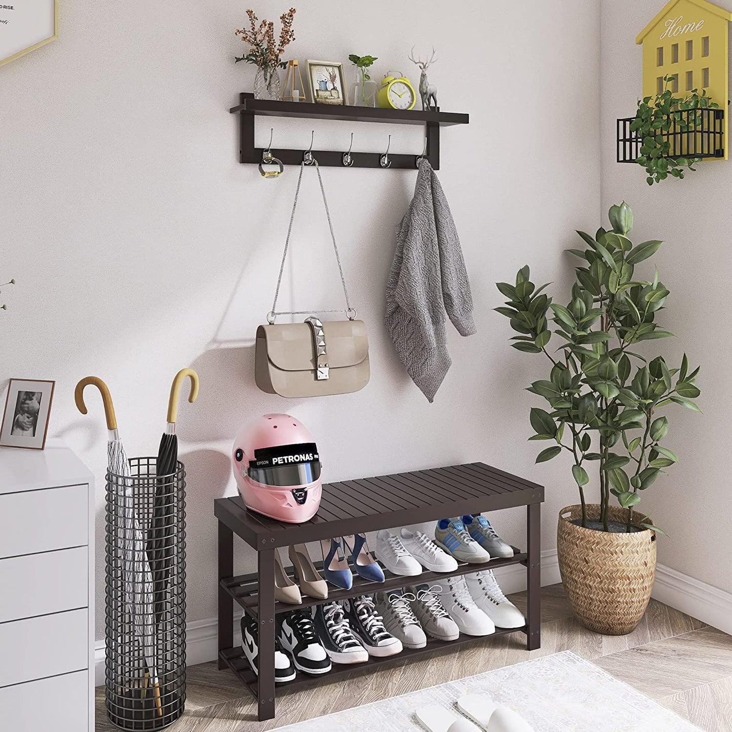 SMIBUY Coat Rack with Shelf Wall Mounted, 74 cm Entryway Organizer for Wall, Bamboo Hanging Shelf with 5 Double Metal Hooks for Bathroom, Bedroom, Kitchen (Dark Brown)